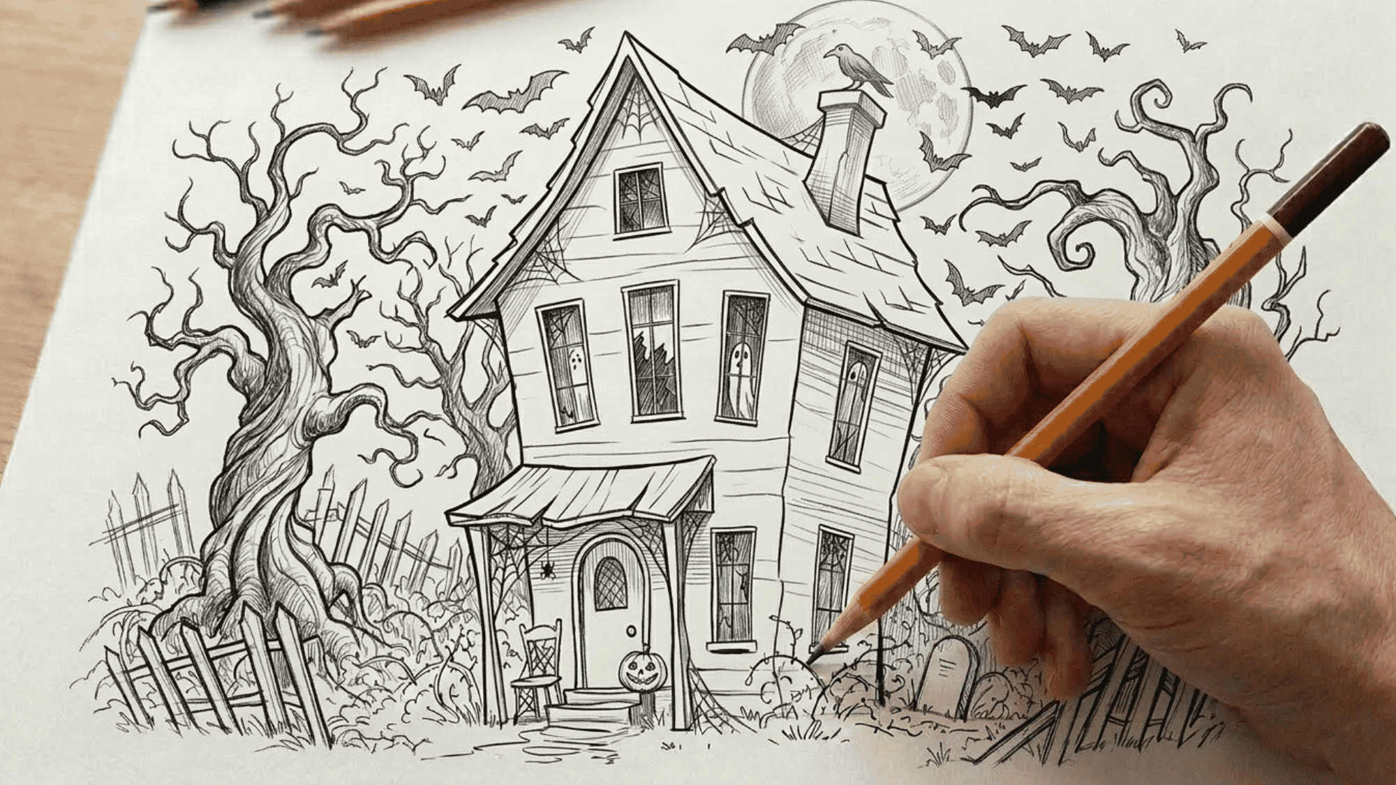 artist outlining a creepy house with eerie trees and moonlit Halloween background.
