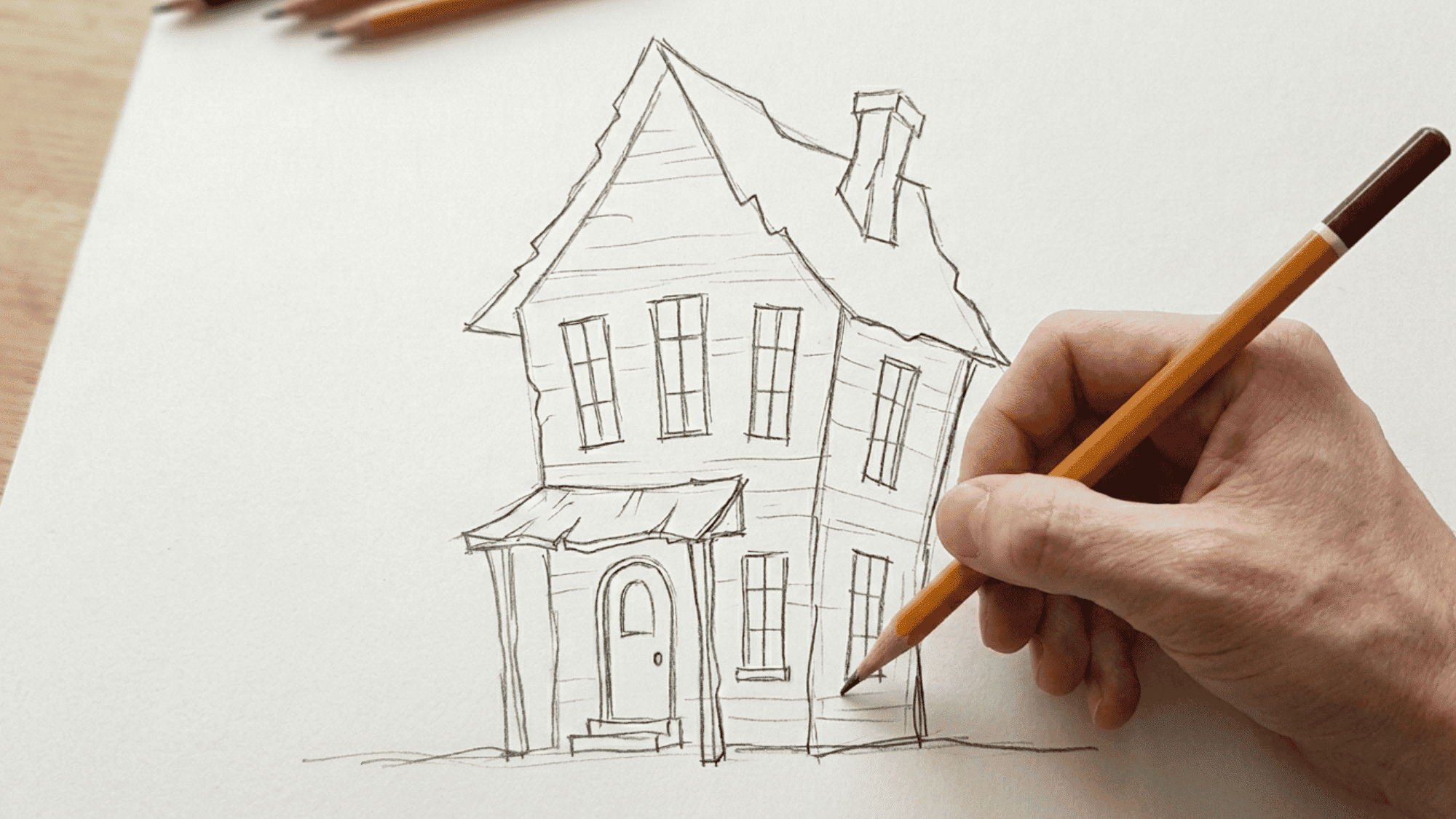 artist sketching a simple haunted house drawing with pencil on white paper step by step.