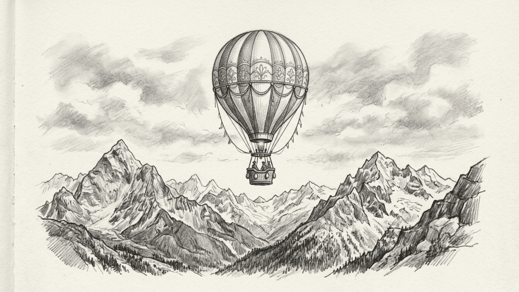 hot air balloon above mountains pencil sketch with distant landscape and soft shading