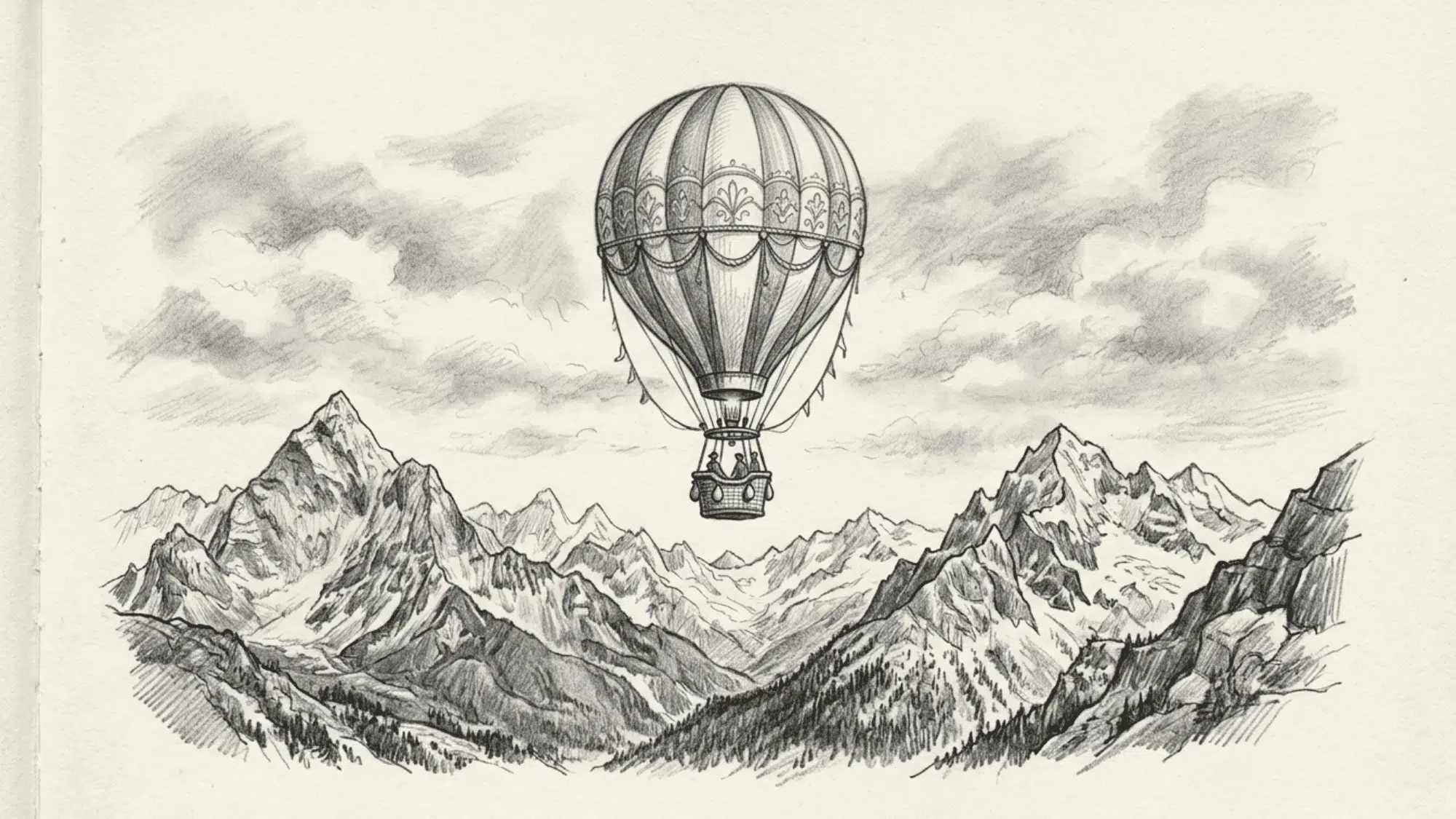 hot air balloon above mountains pencil sketch with distant landscape and soft shading