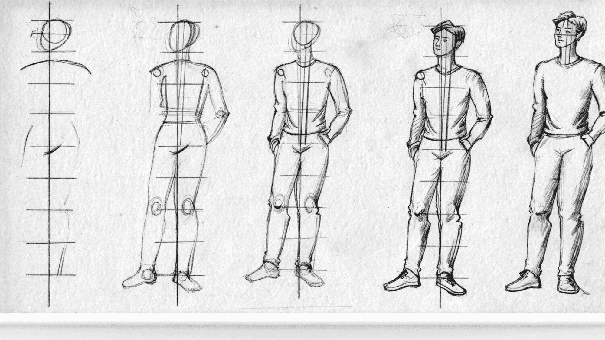 step-by-step drawing tutorial of a human figure, showing progression from basic stick figure and geometric shapes to a fully shaded, detailed person with proper proportions and posture.