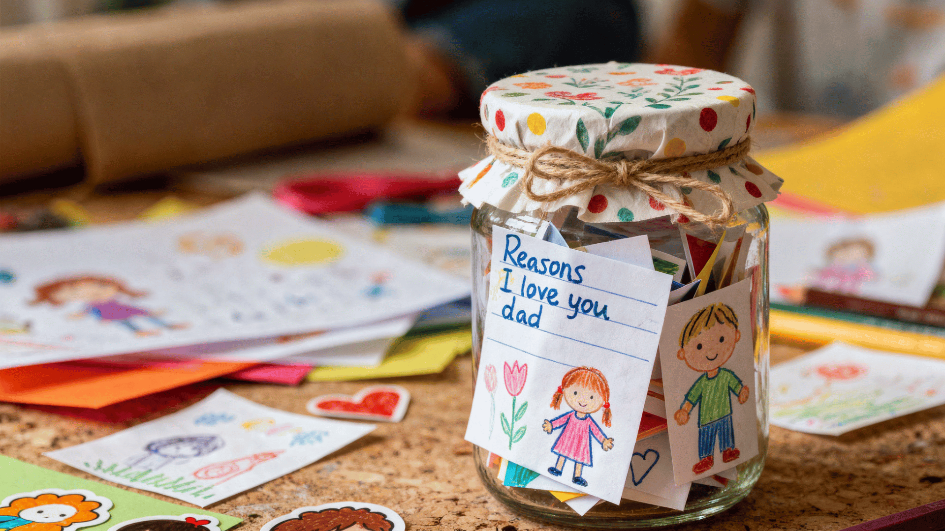 diy jar filled with toddler notes and drawings for Father’s Day gift.