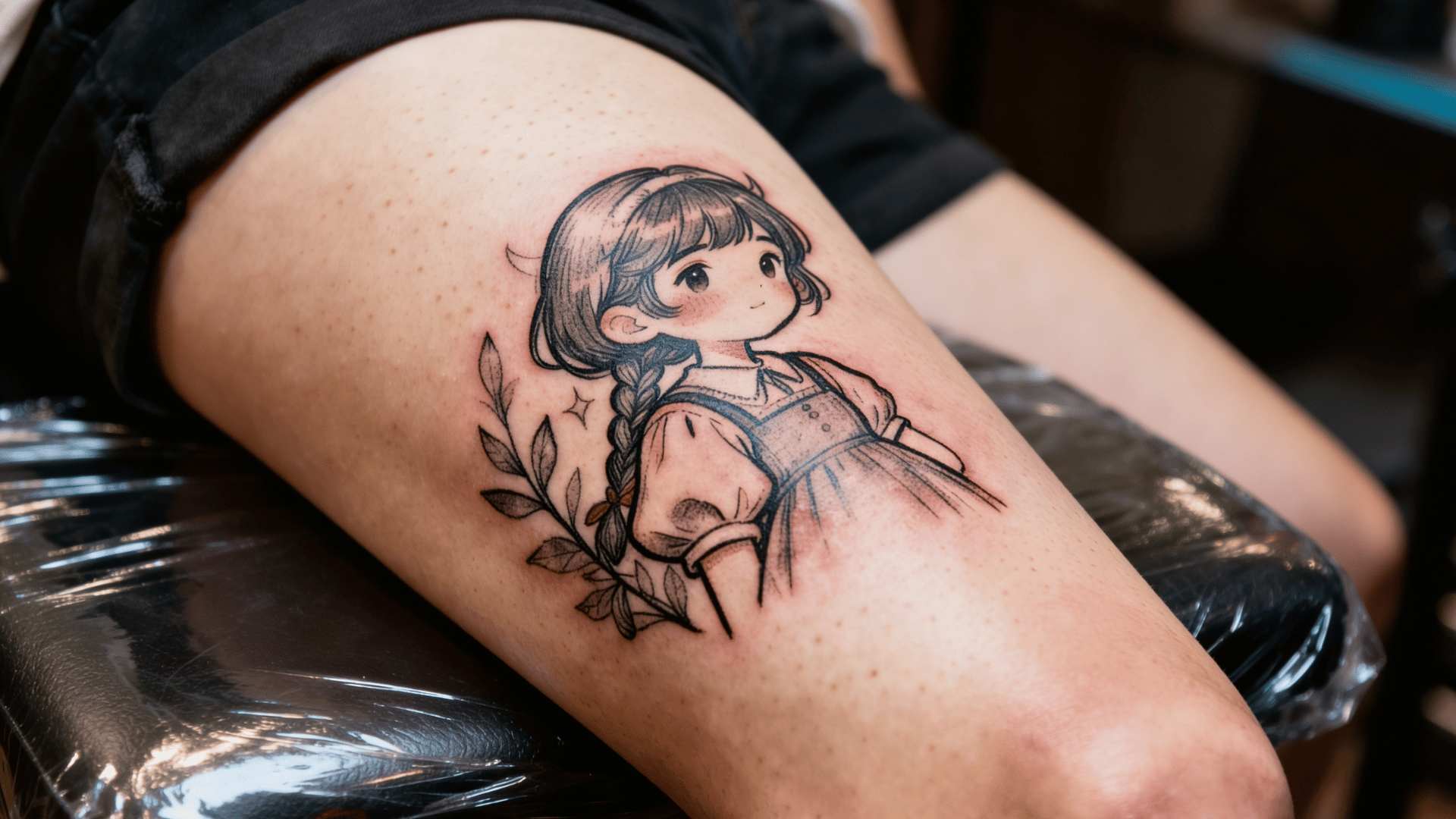 illustrative character tattoo with sketch-like details and artistic shading being created on a person's thigh by a tattoo artist.