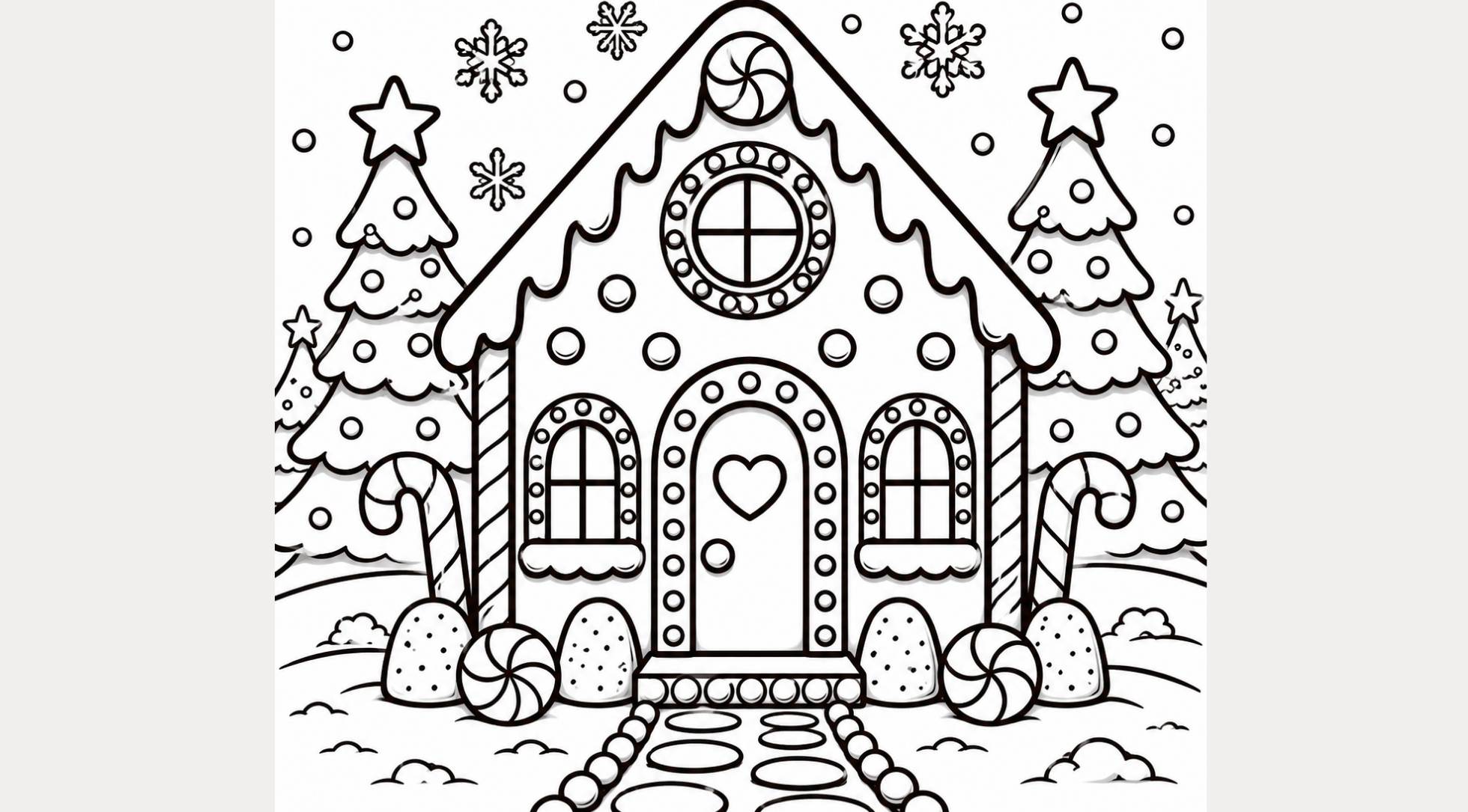 outlined gingerbread house drawing with bold details and completed festive winter decorations