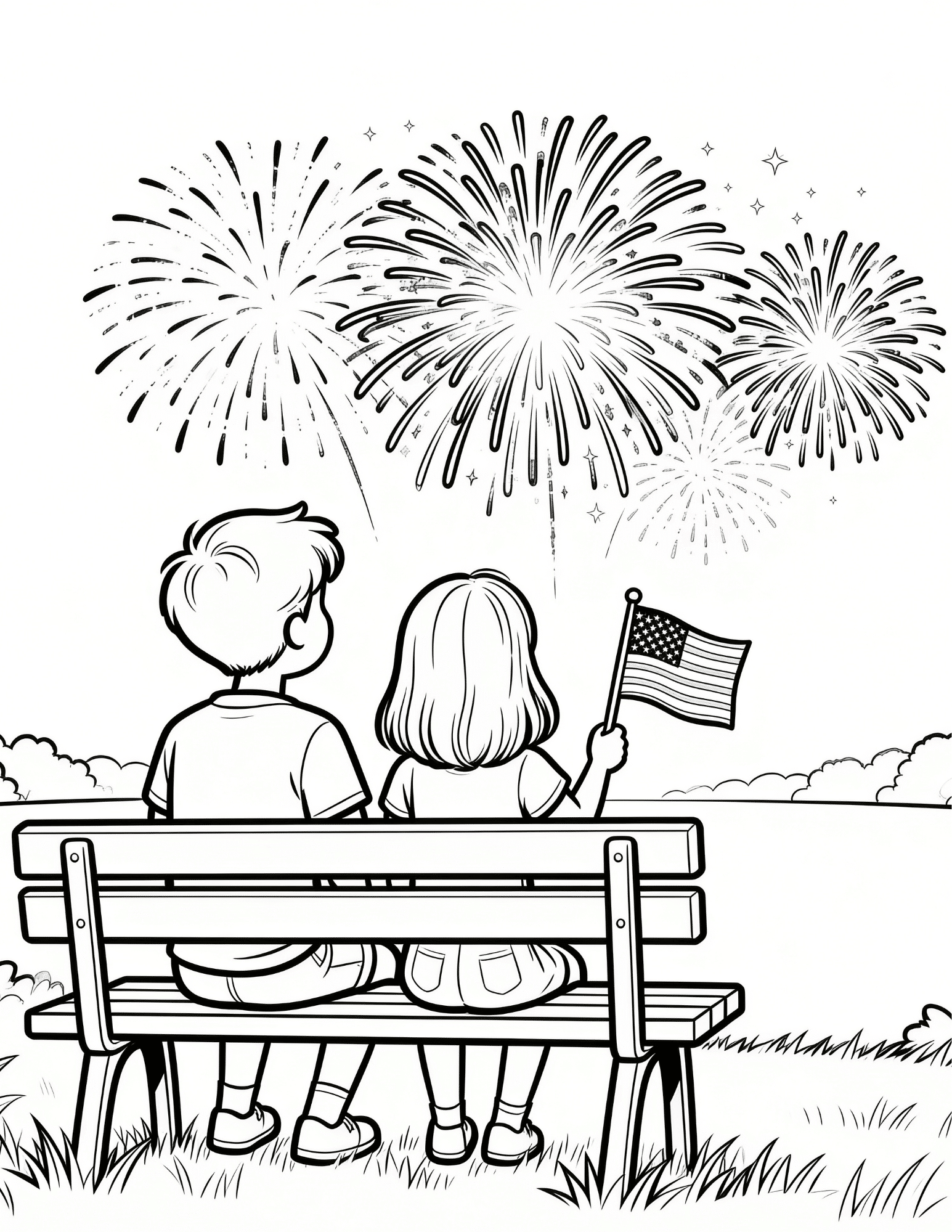 family celebrating independence day with flags and picnic black and white outline coloring page