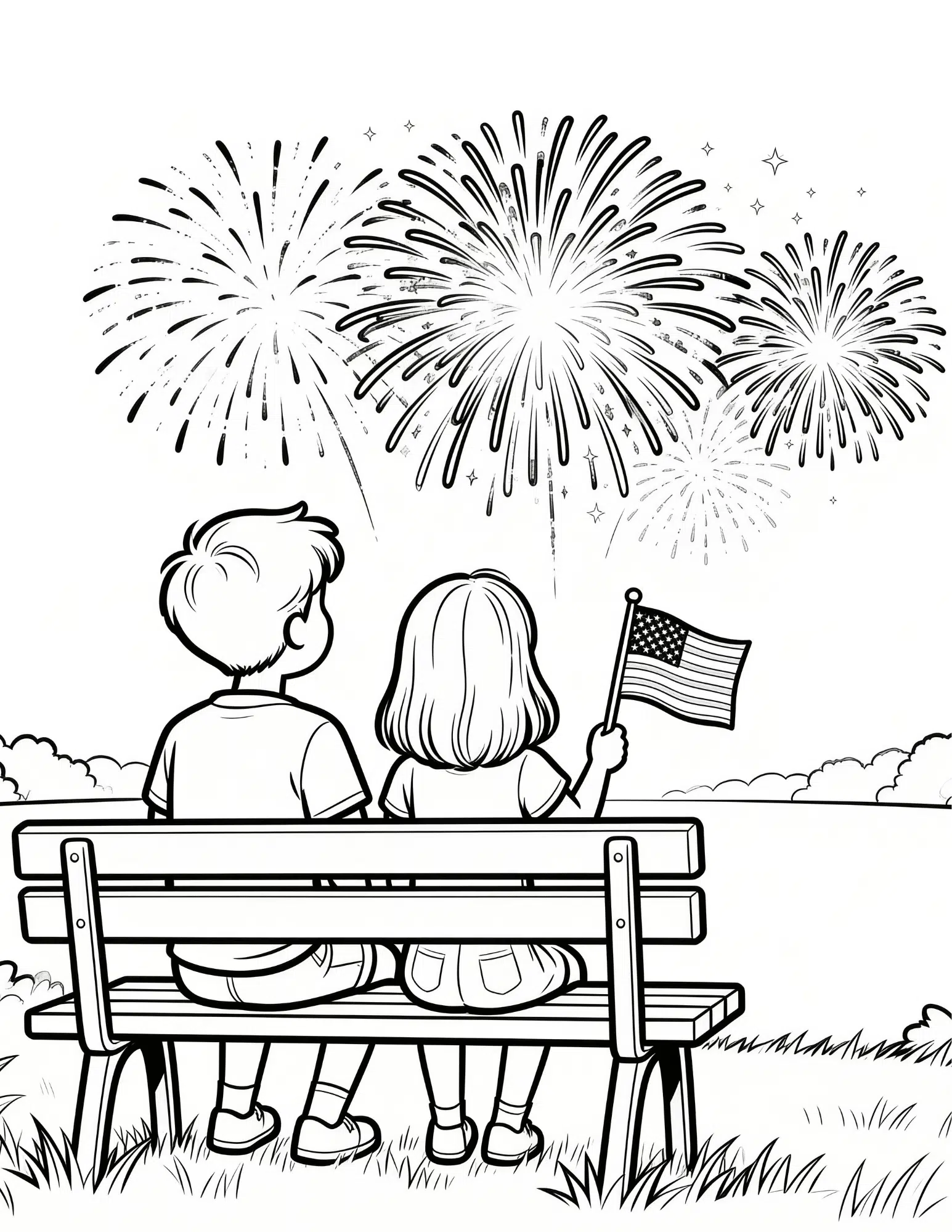family celebrating independence day with flags and picnic black and white outline coloring page