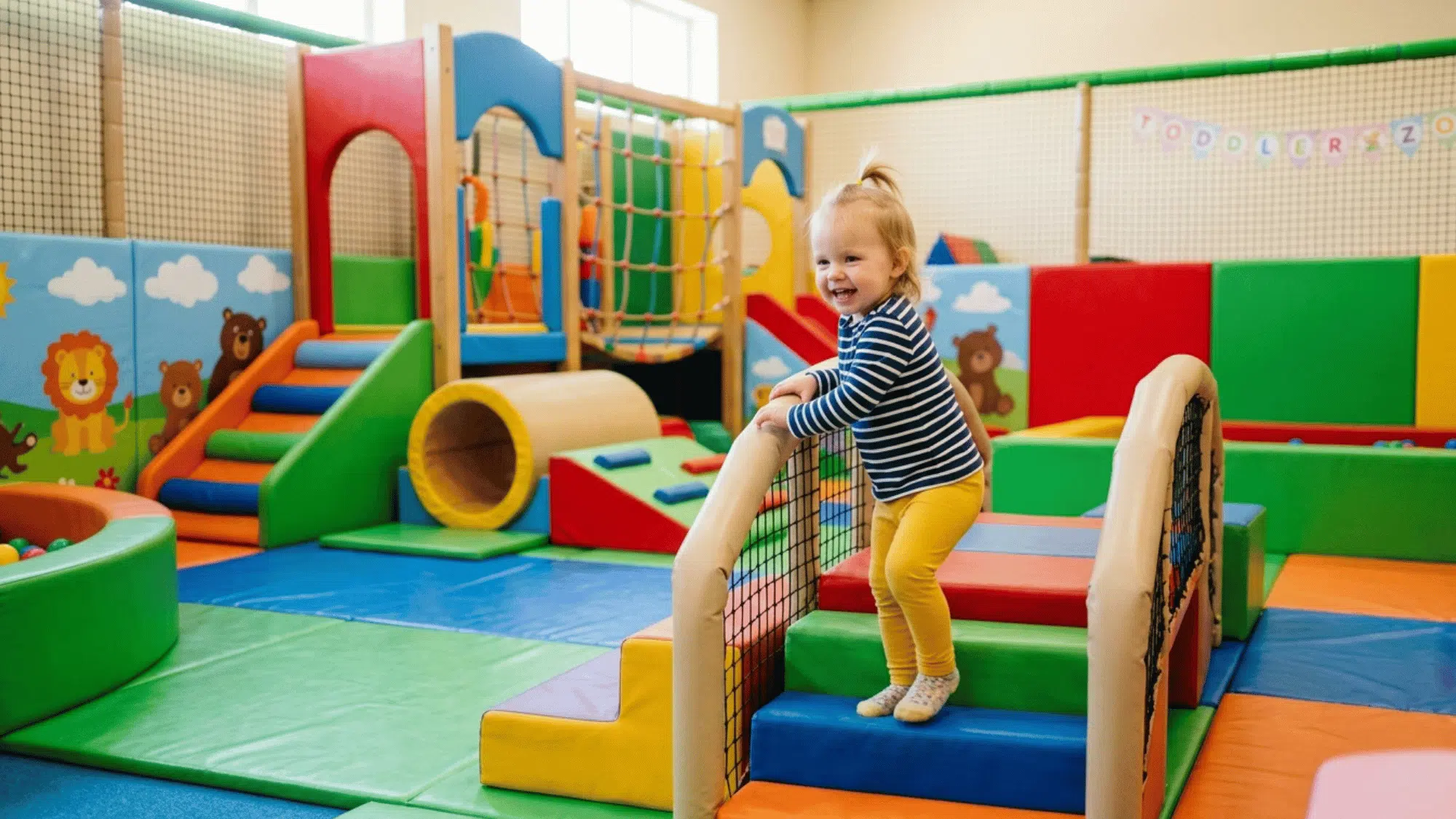 toddler explores colorful climbing structures, tunnels, and soft-play obstacles in a safe indoor adventure park.