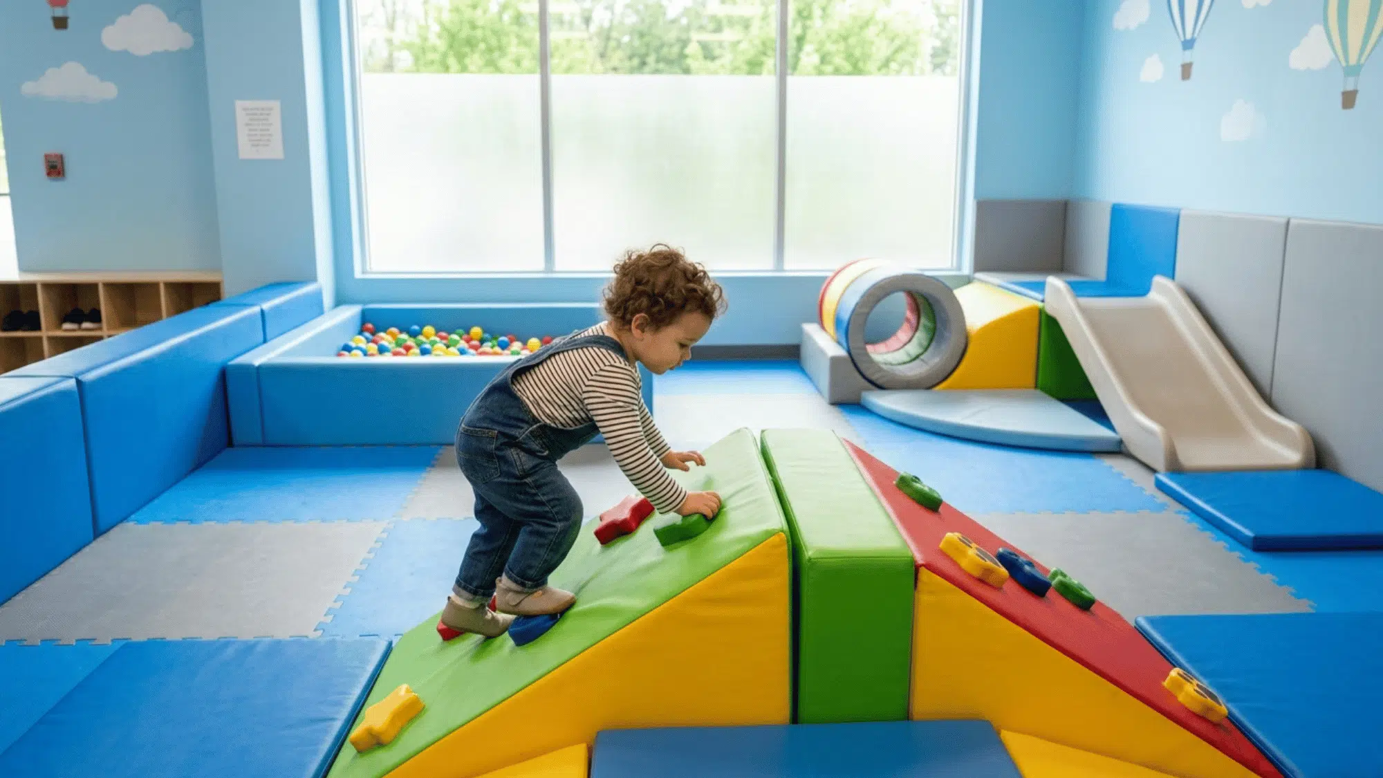 toddler climbs a soft foam play mountain in a padded indoor climbing area for young children.