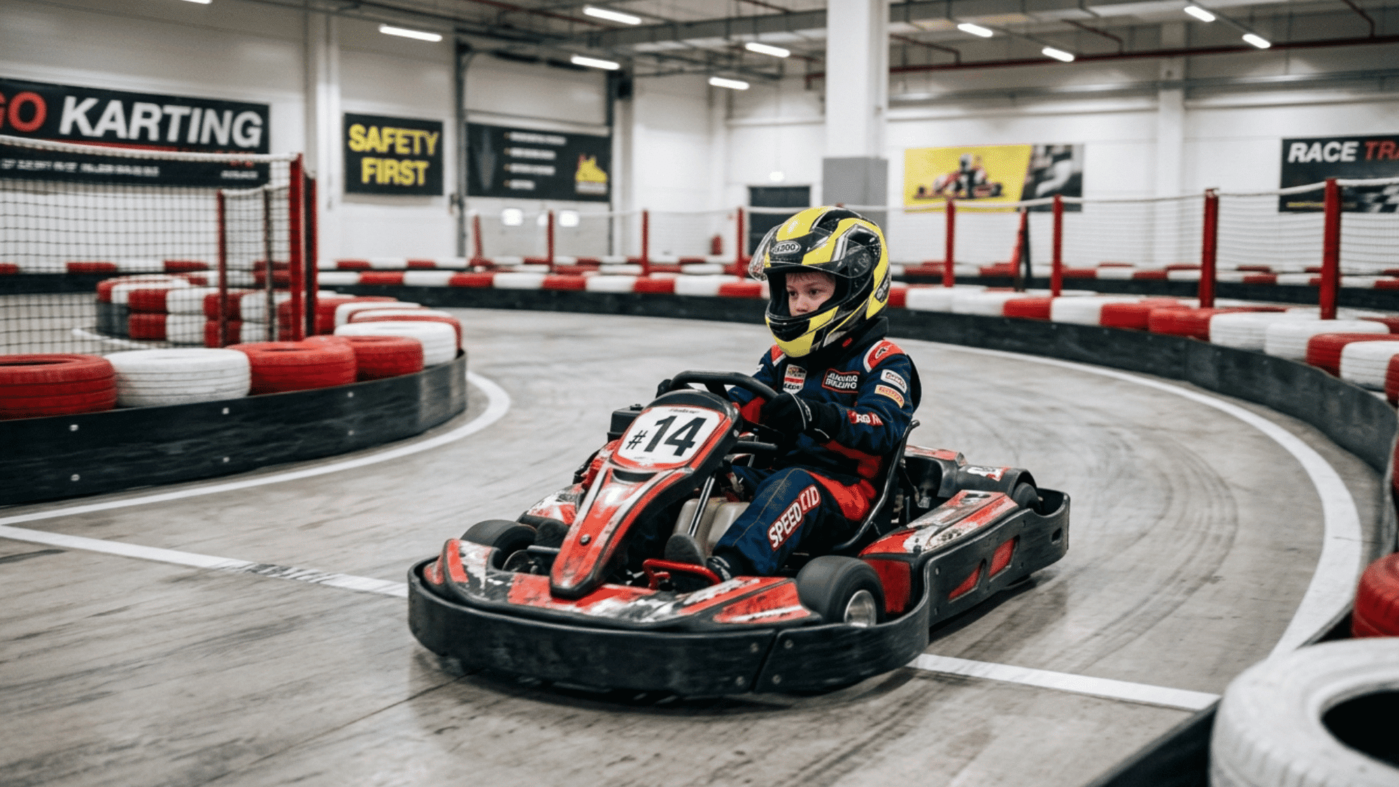 young racer drives a go-kart around an indoor track lined with safety barriers and curves.