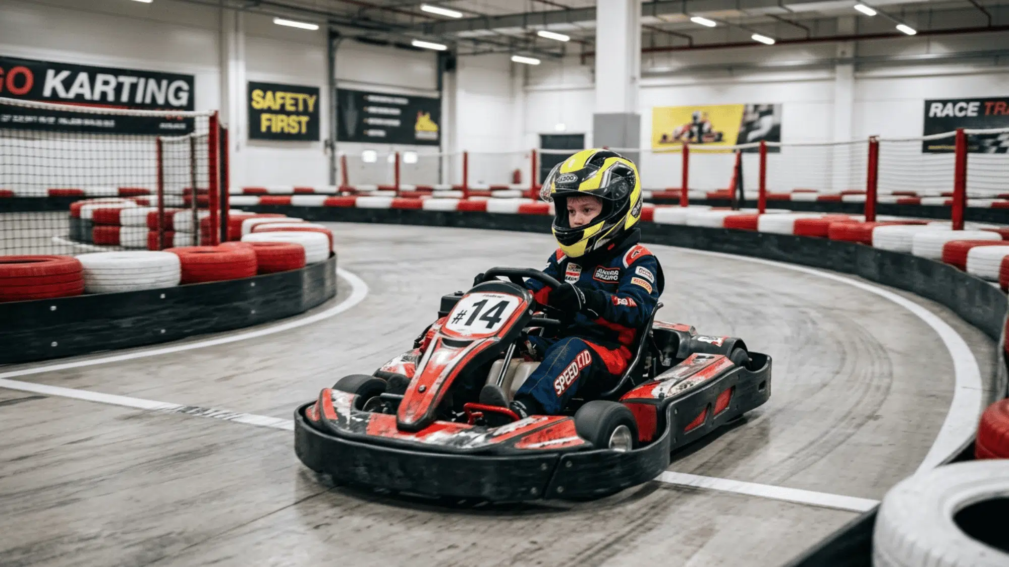 young racer drives a go-kart around an indoor track lined with safety barriers and curves.