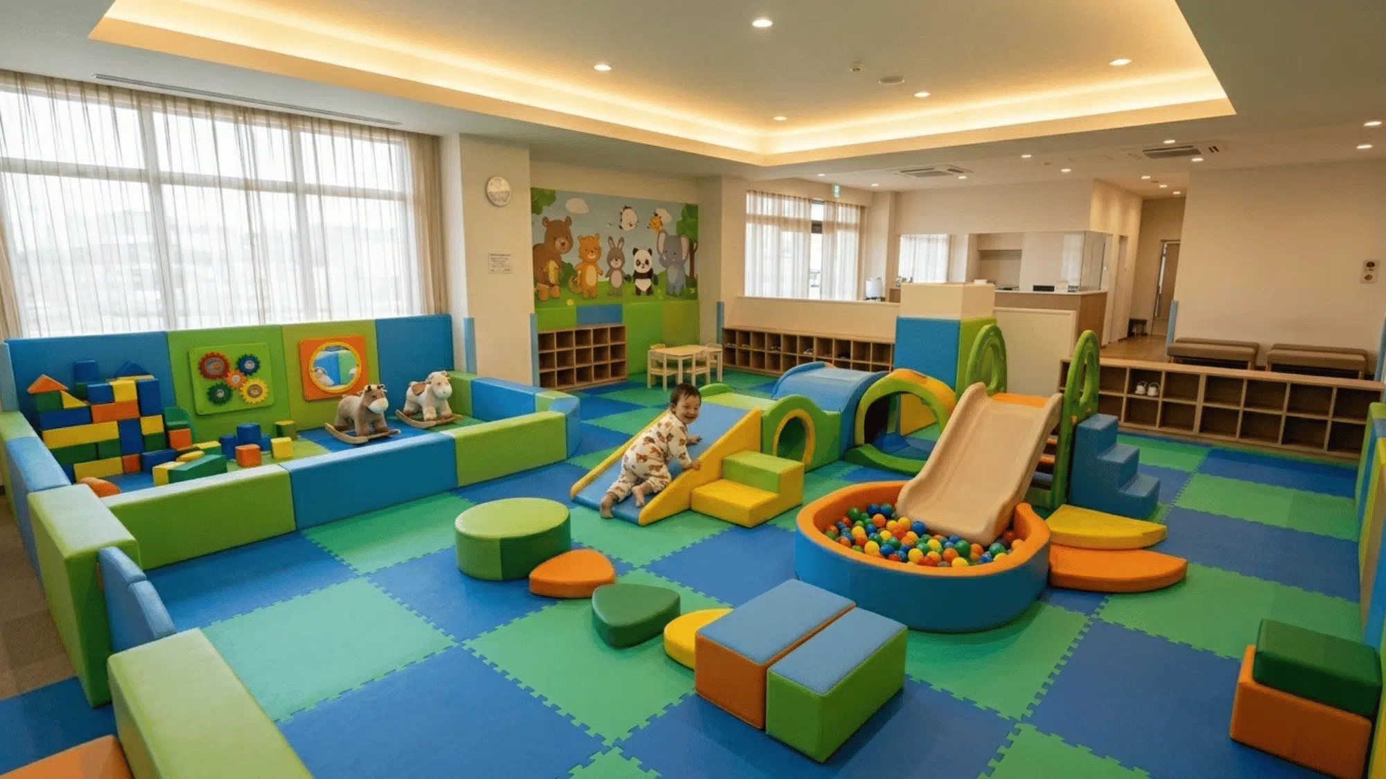 child climbs a soft indoor play structure with slides, tunnels, and padded equipment for active fun.
