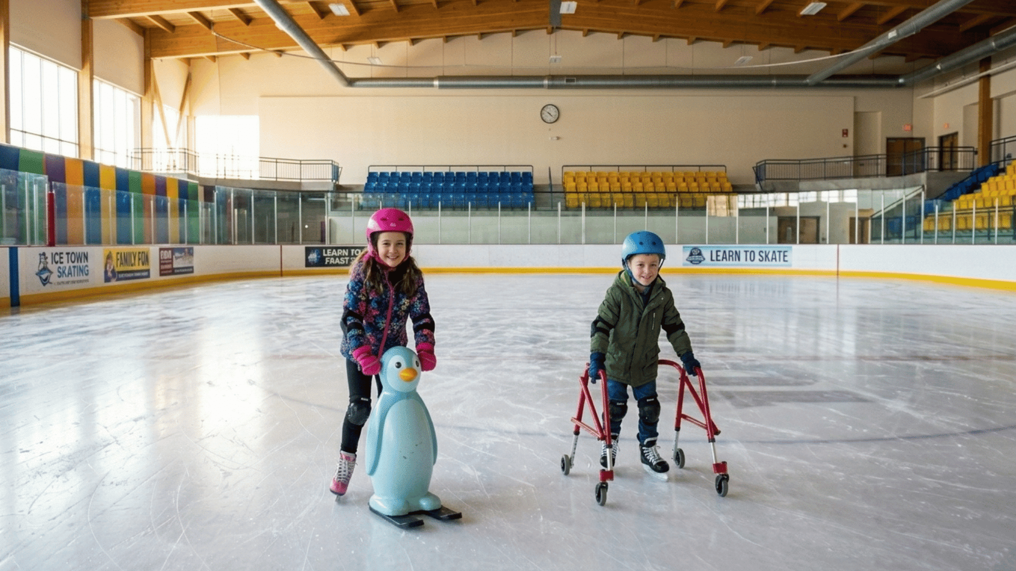 two children learn ice skating with support aids on an indoor rink during practice.