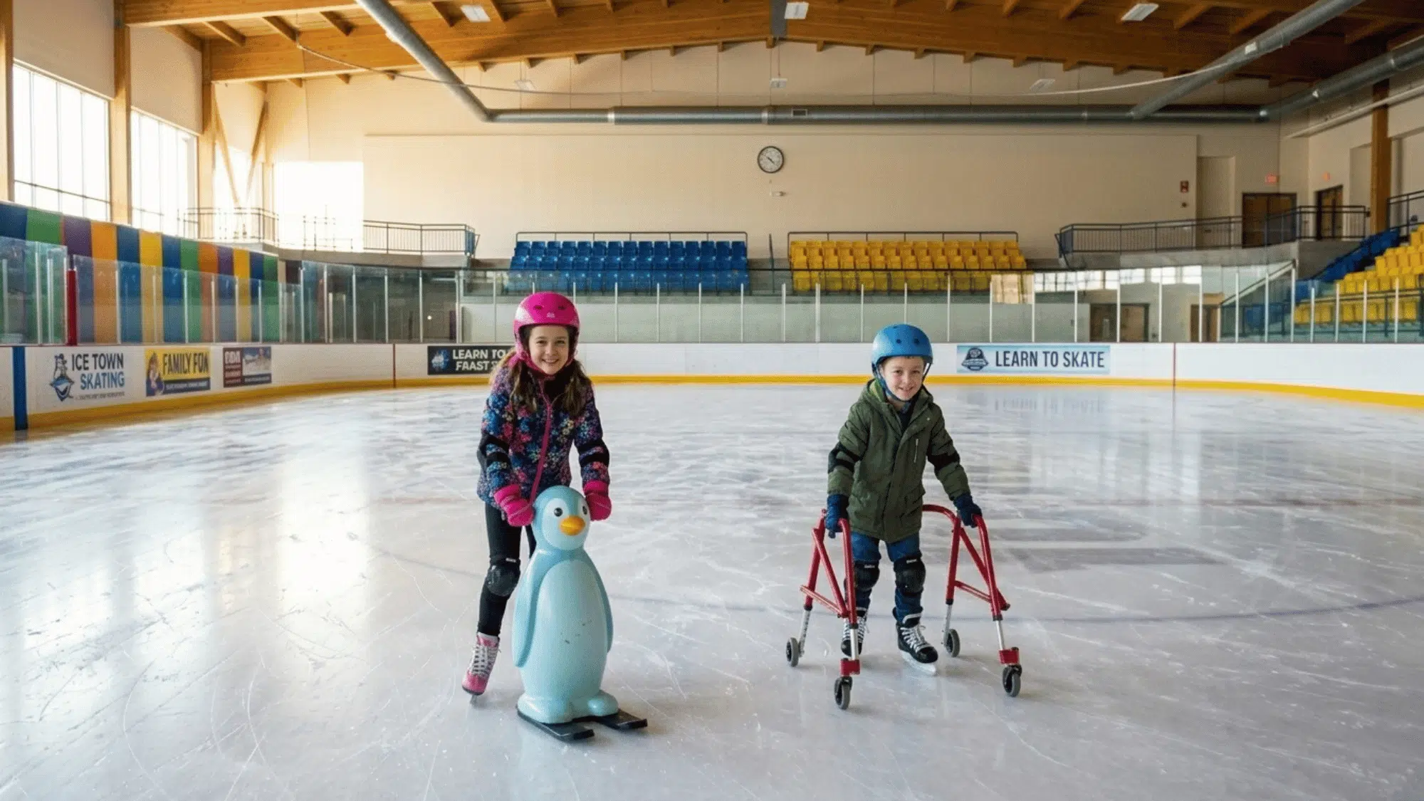two children learn ice skating with support aids on an indoor rink during practice.