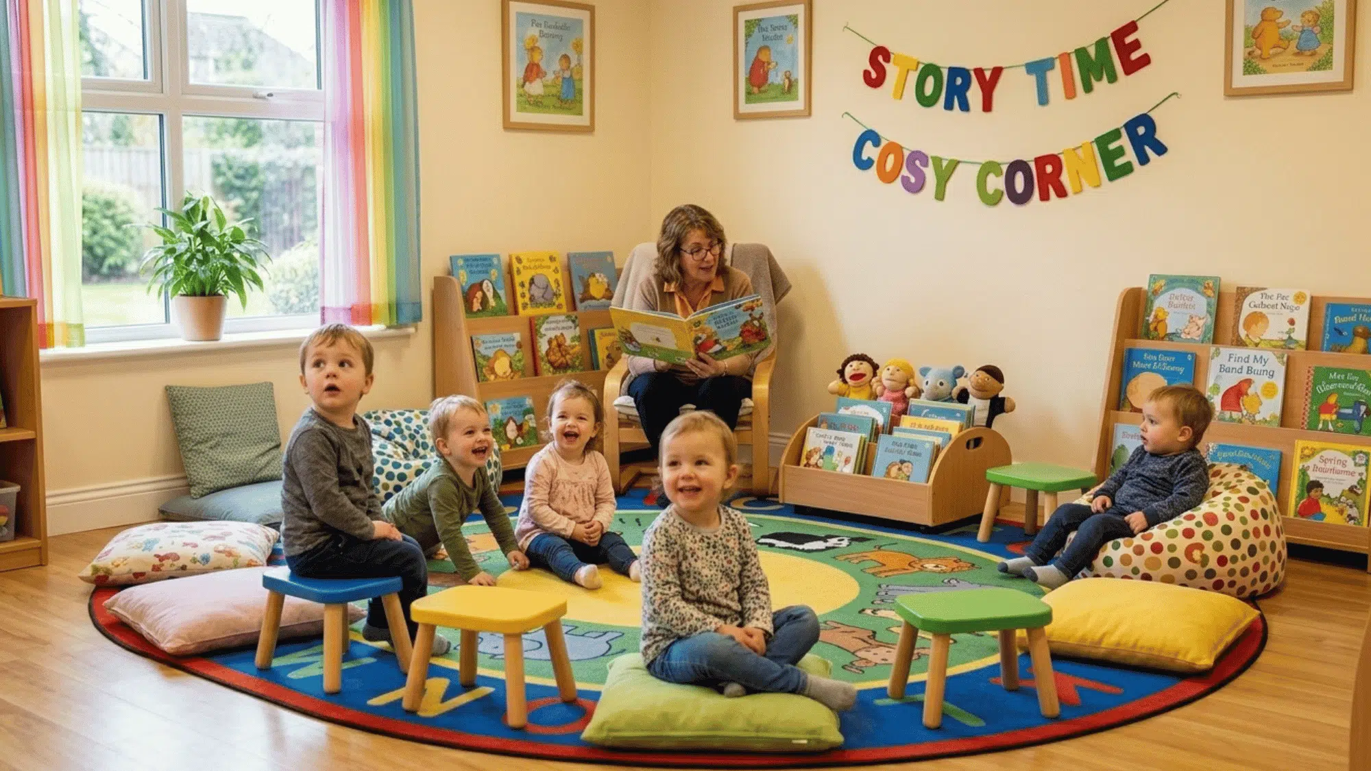 children gather around a reader during story time in a cozy indoor learning and reading corner.
