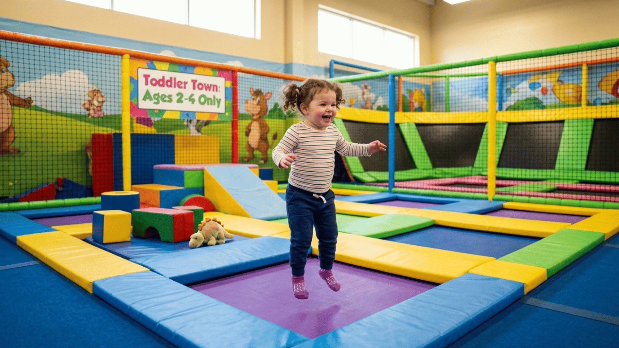 young child bounces on a toddler-friendly trampoline area surrounded by soft mats and play equipment.