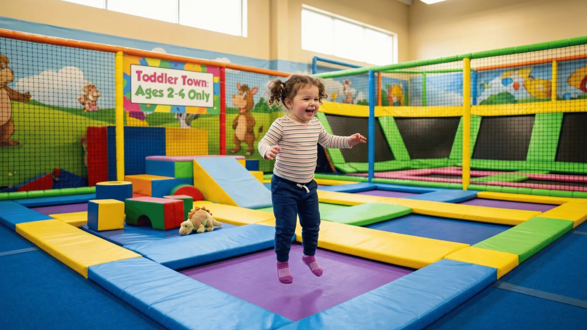young child bounces on a toddler-friendly trampoline area surrounded by soft mats and play equipment.