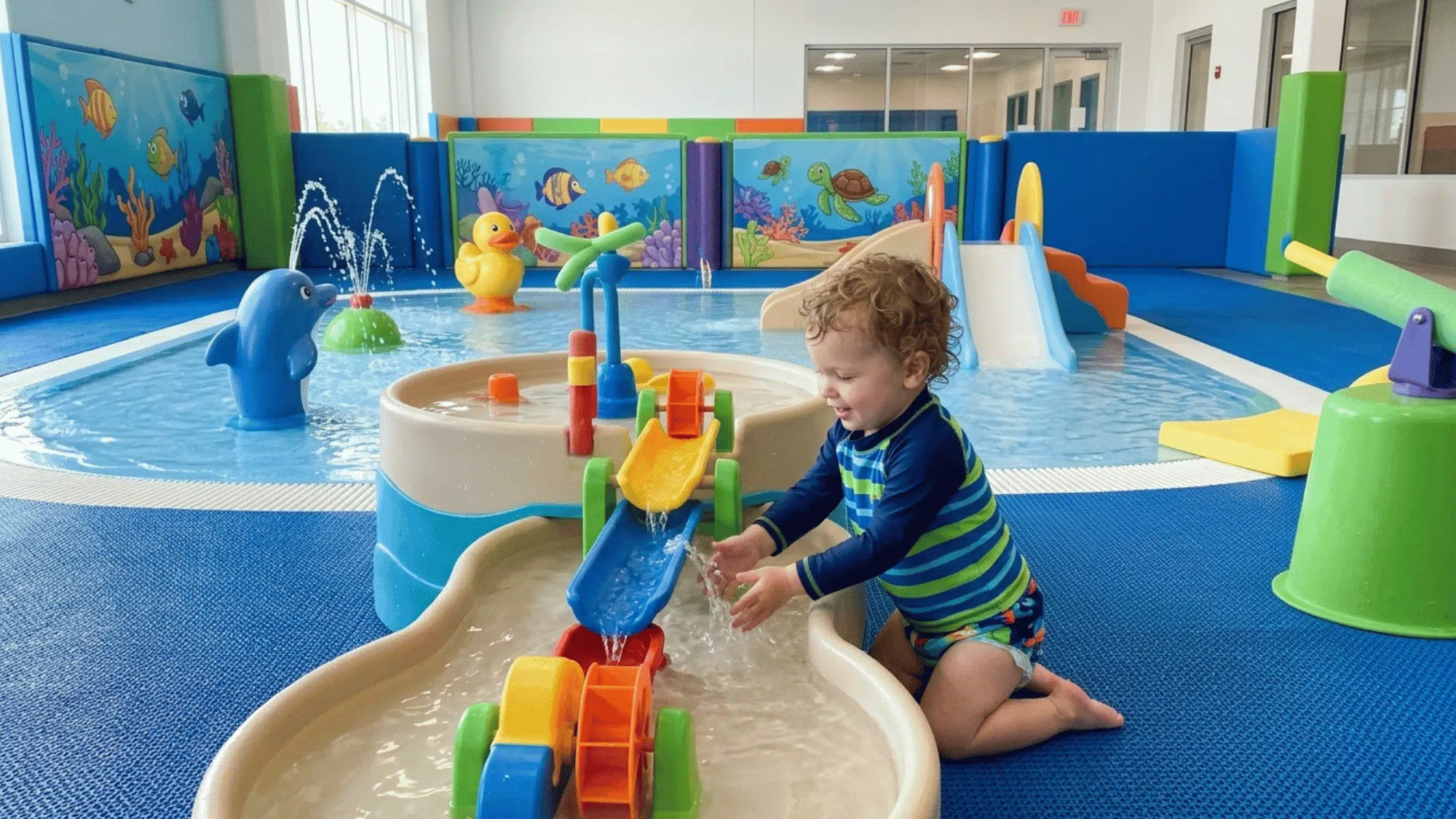 toddler explores interactive water features, slides, and splash play stations in a colorful indoor water play area.
