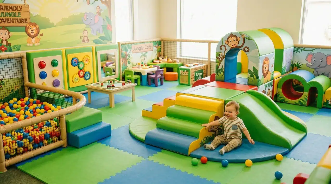 toddler explores a jungle-themed indoor play area featuring slides, tunnels, and imaginative play spaces.
