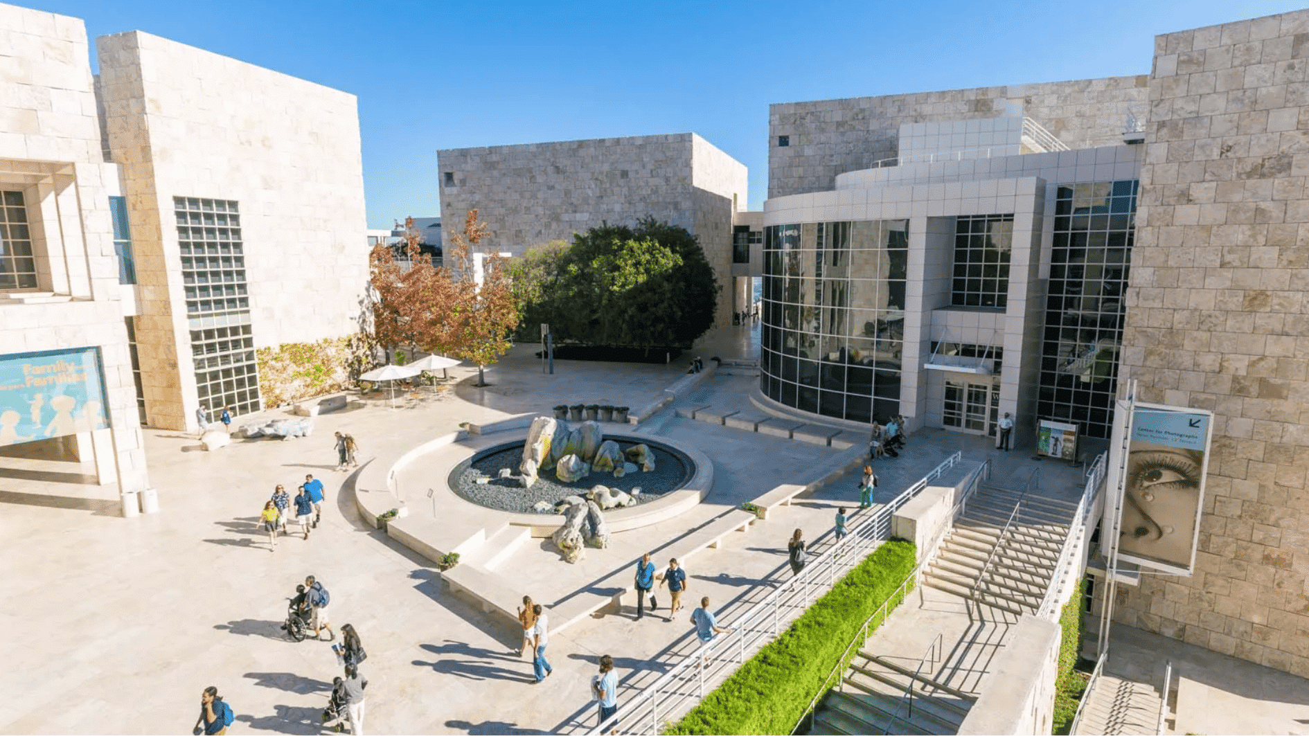 j paul getty museum in los angeles with white buildings gardens and city views