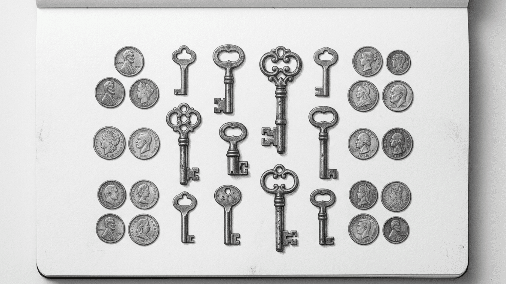 old keys and vintage coins pencil sketch with realistic textures and graphite shading