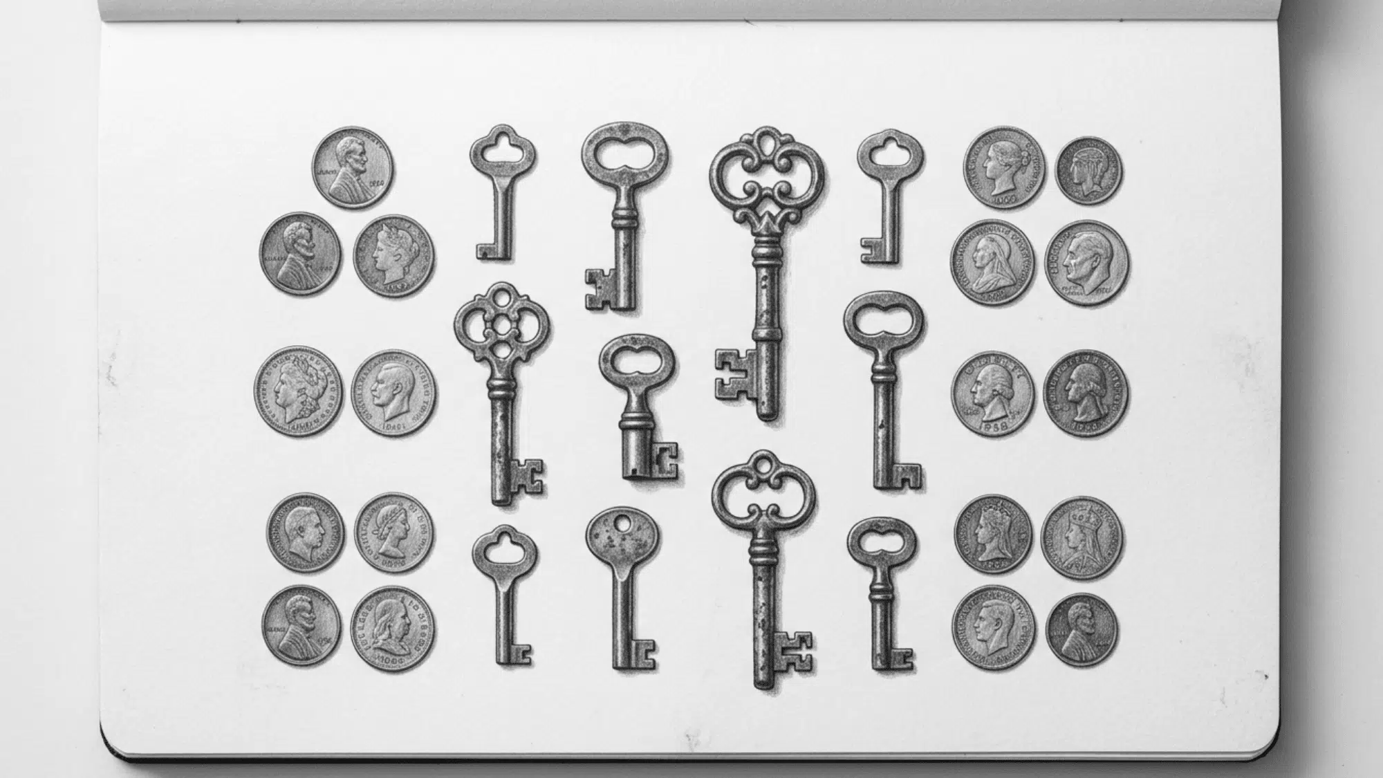 old keys and vintage coins pencil sketch with realistic textures and graphite shading