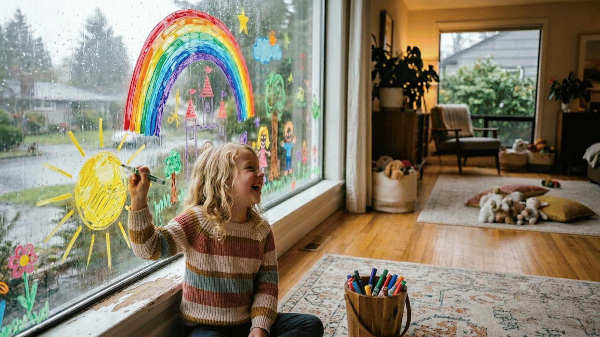children drawing colorful artwork on windows with washable markers.