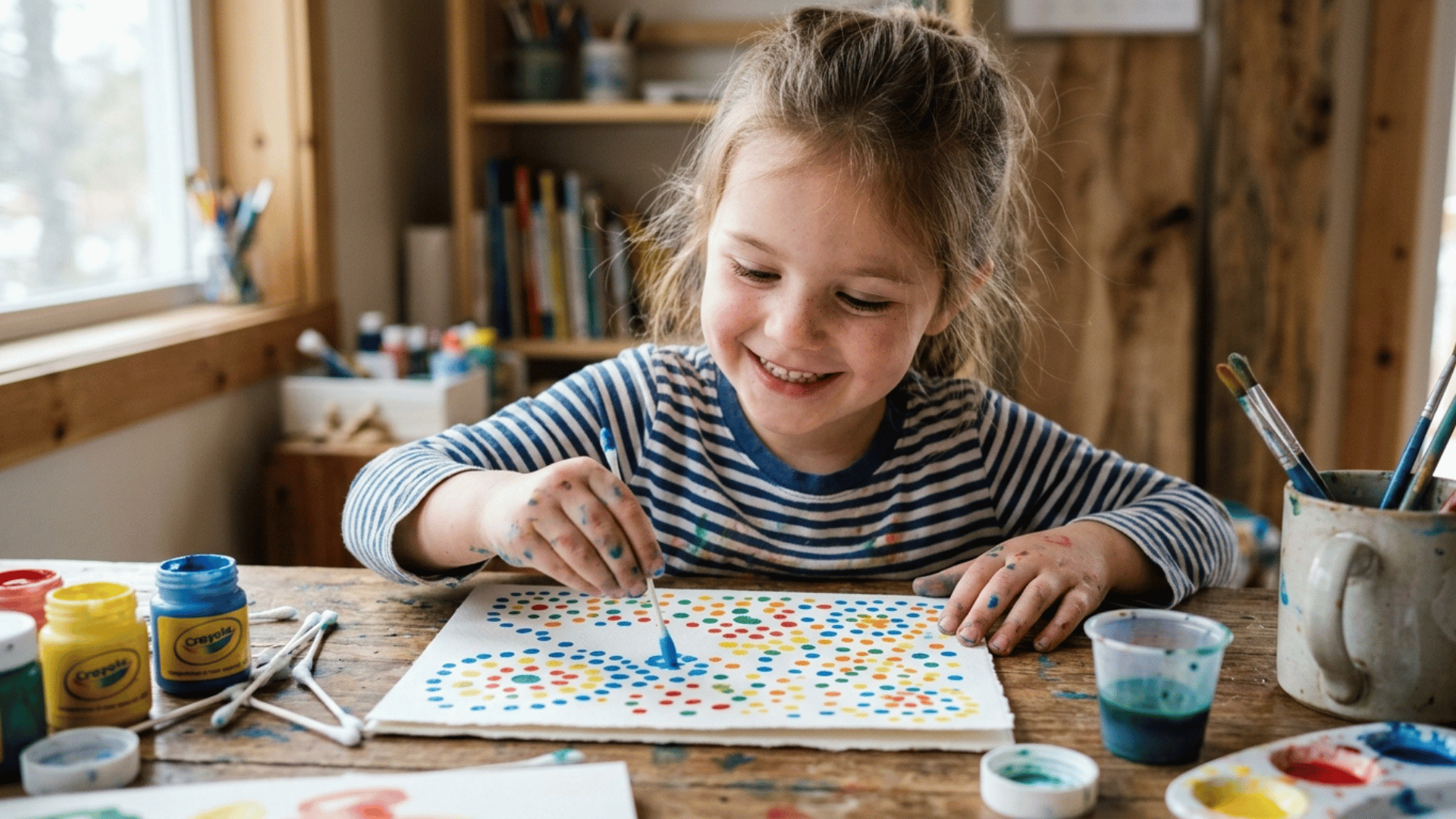 child painting colorful dot art with cotton swabs at a craft table indoors