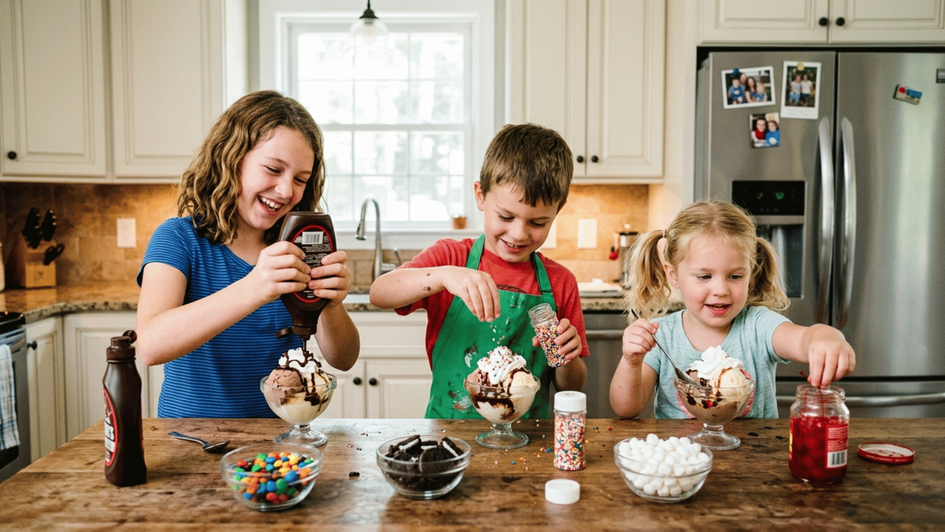 kids making ice cream sundaes with colorful toppings in the kitchen