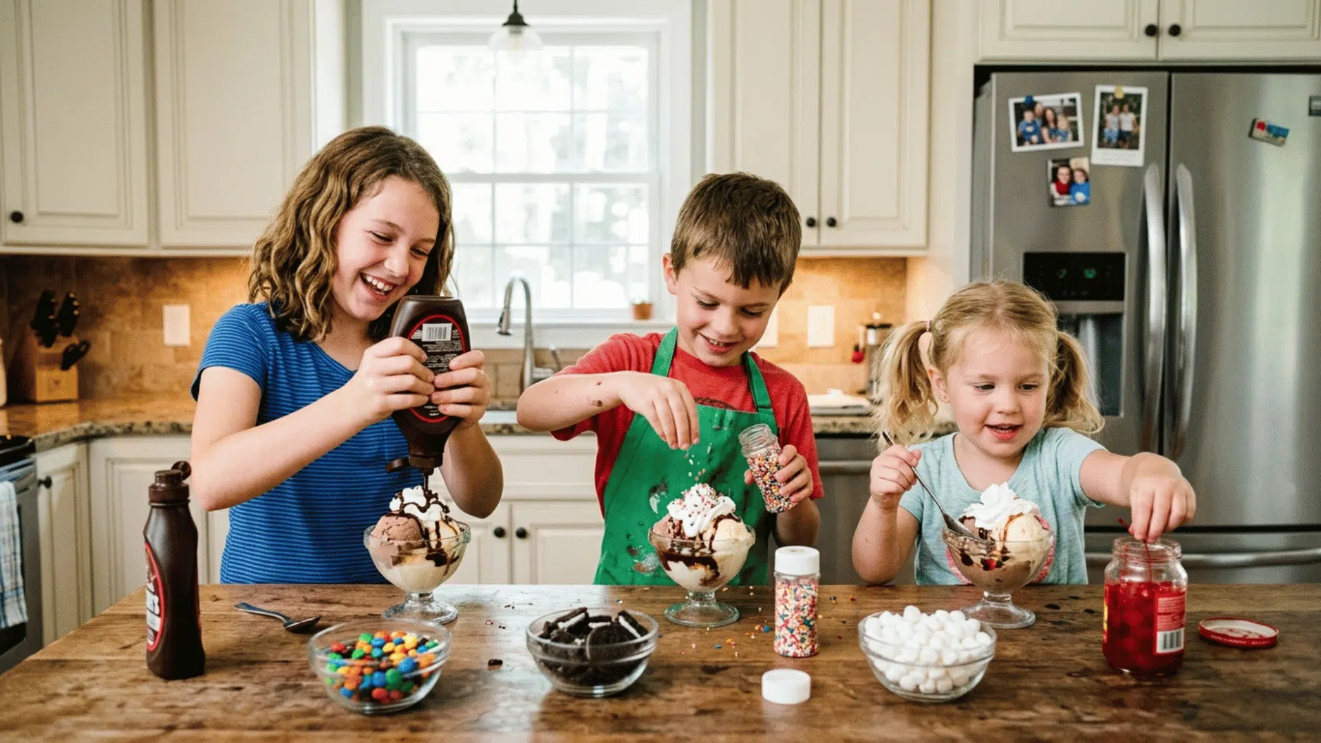 kids making ice cream sundaes with colorful toppings in the kitchen