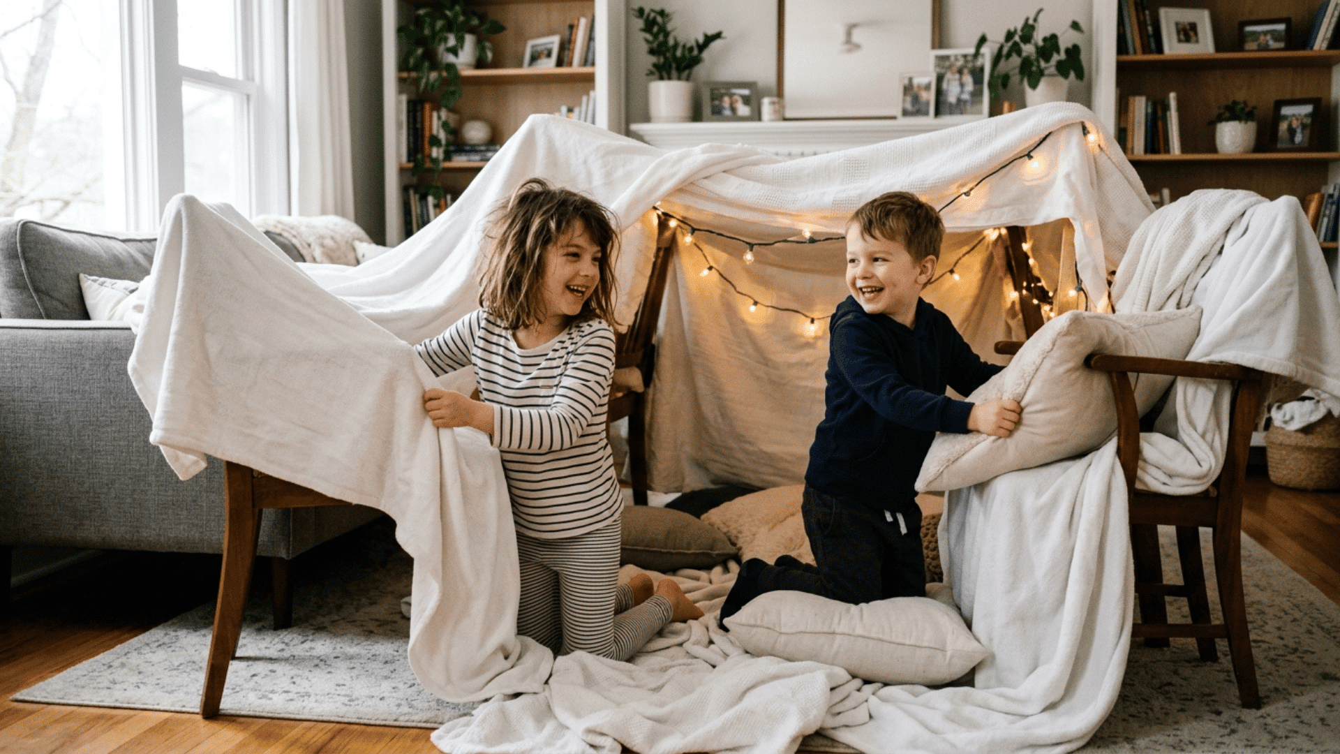 two young kids building a cozy blanket fort with pillows and fairy lights inside a living room.