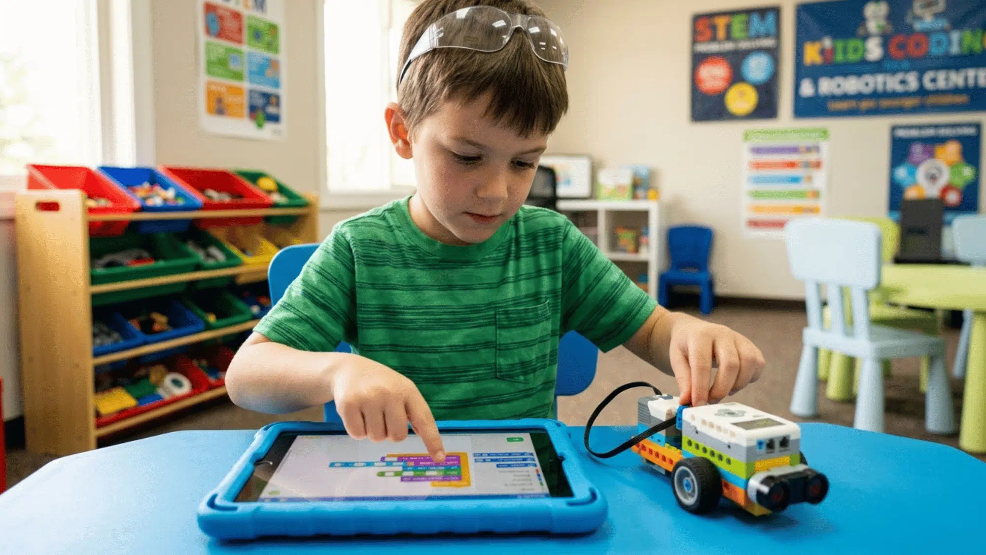 kid trying coding and trying to make a robot.
