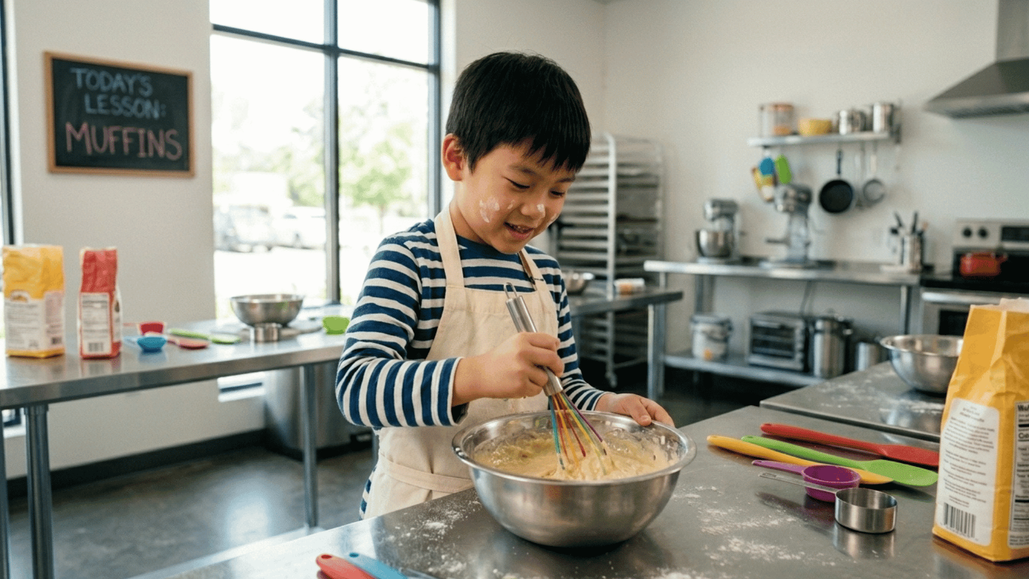 child mixes batter in a bowl during a hands-on cooking class in a teaching kitchen.