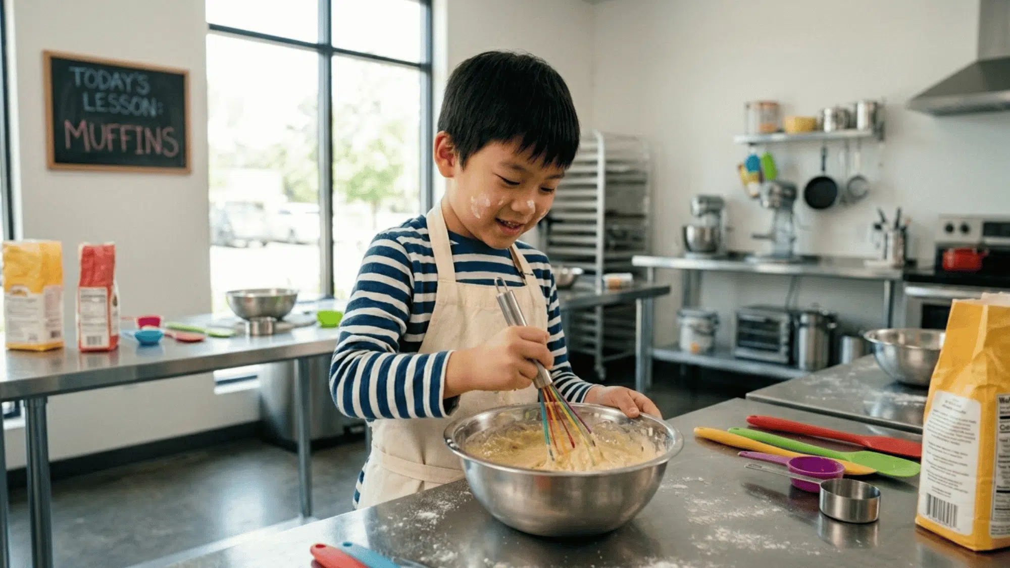 child mixes batter in a bowl during a hands-on cooking class in a teaching kitchen.