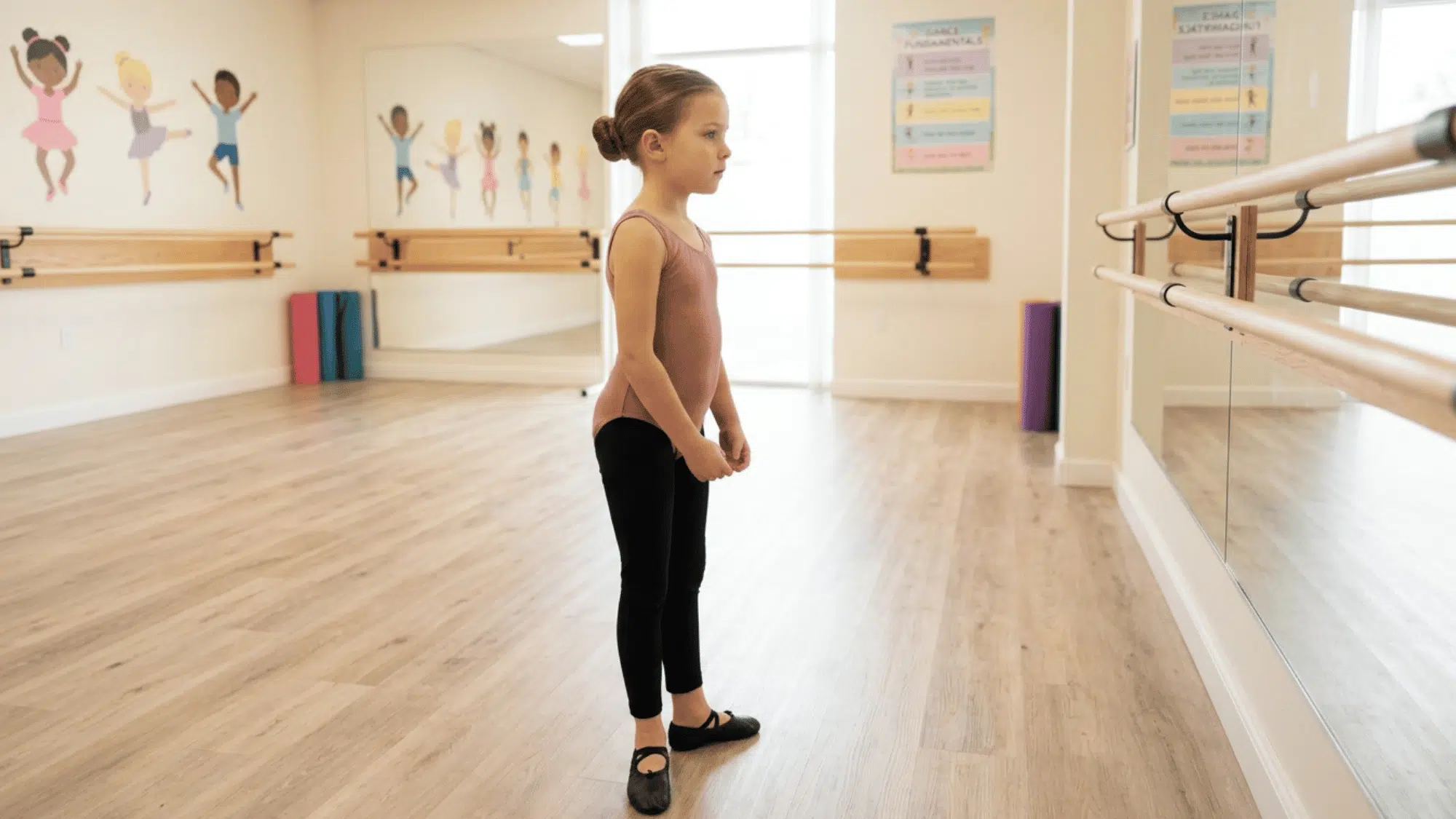 young dancer stands at a ballet barre in a bright studio preparing for a lesson.