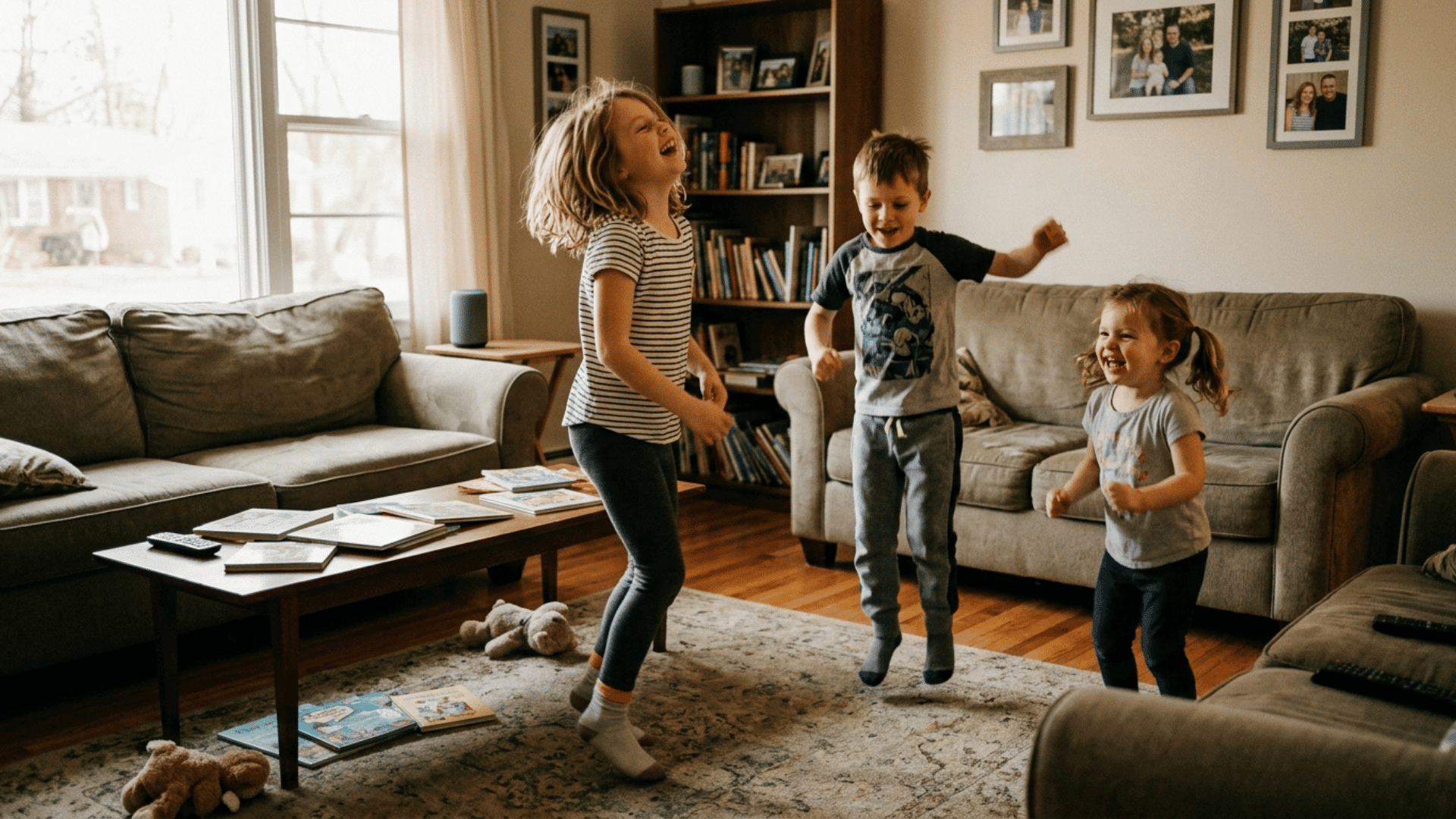 kids dancing happily in a living room during an indoor dance party.