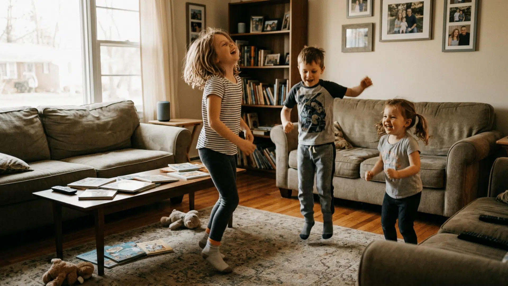 kids dancing happily in a living room during an indoor dance party.