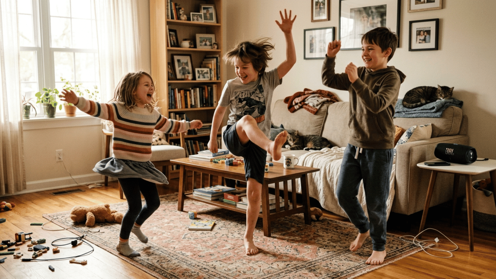 children frozen mid-dance in a living room while playing freeze dance