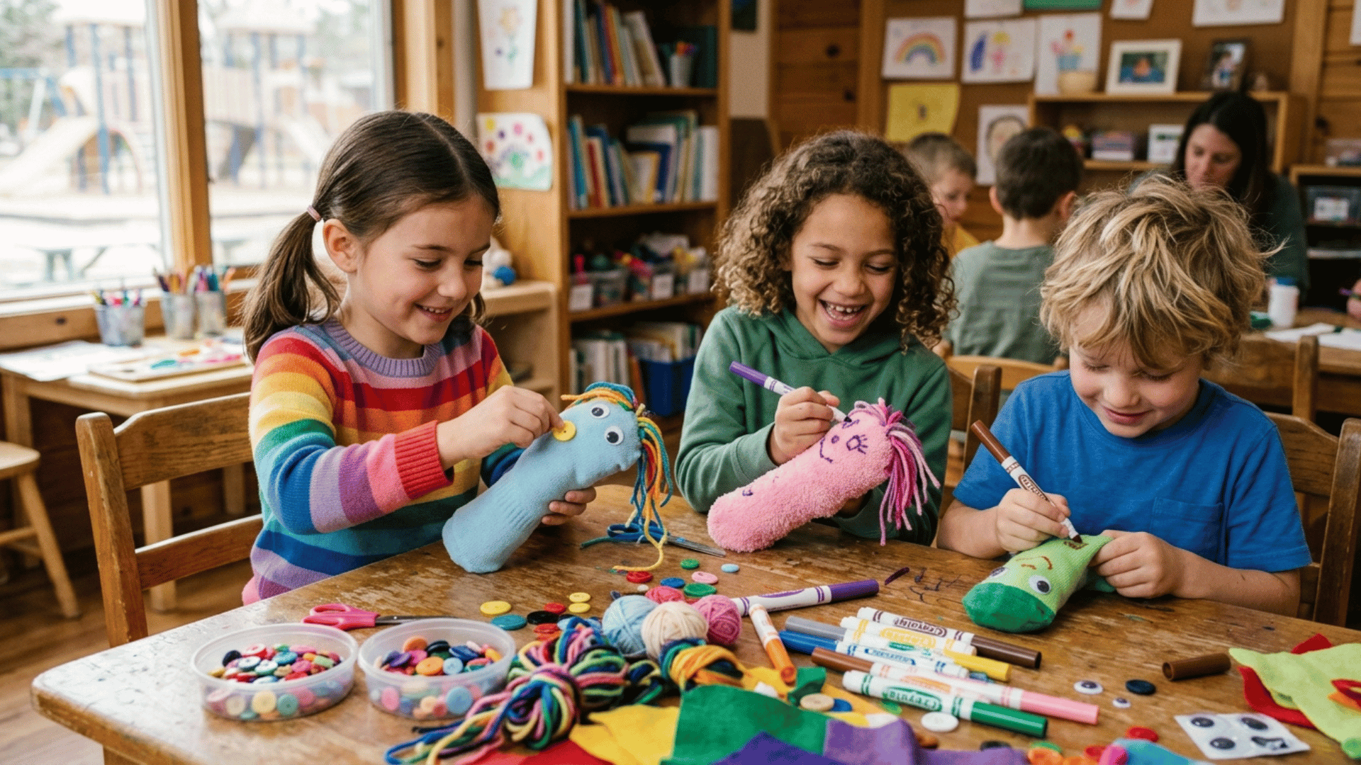 children decorating sock puppets with markers, glue, and craft supplies.