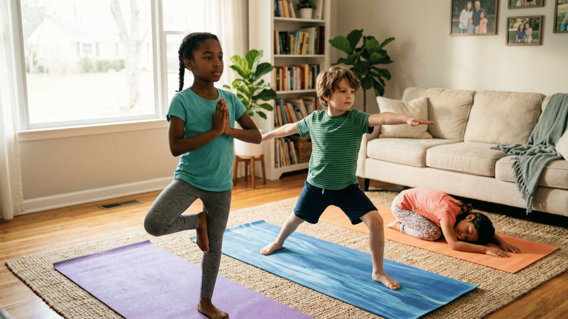 children practicing yoga poses on mats inside a living room