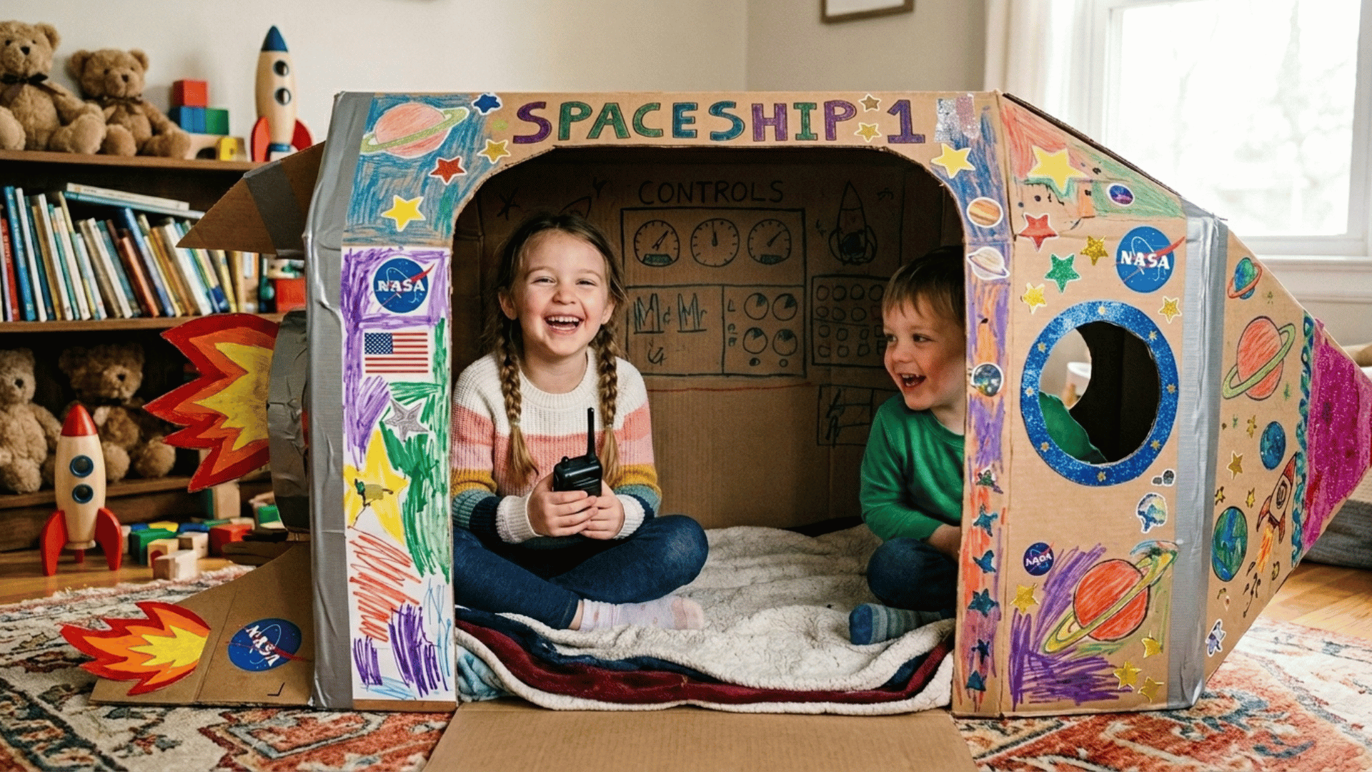 kids sitting inside a decorated cardboard rocket during pretend play indoors.