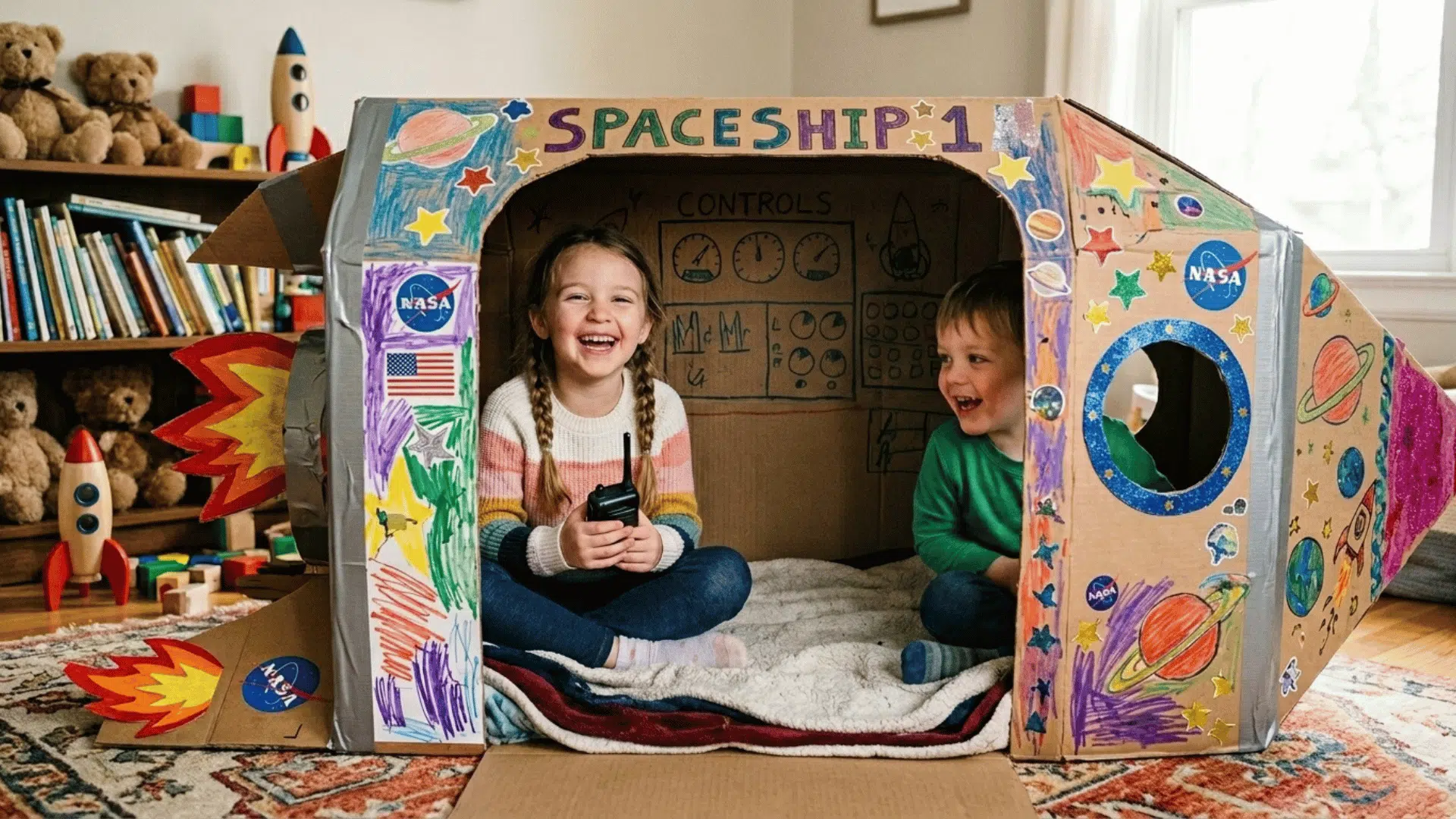 kids sitting inside a decorated cardboard rocket during pretend play indoors.