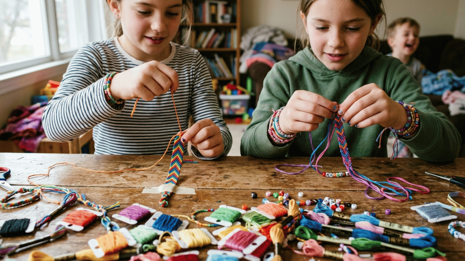 children making friendship bracelets with colorful threads and beads