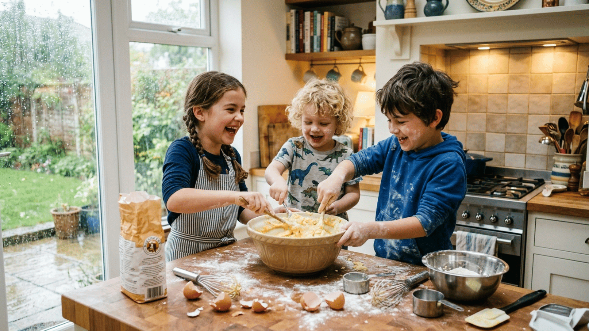 kids mixing cake batter together in a bright kitchen during a baking activity