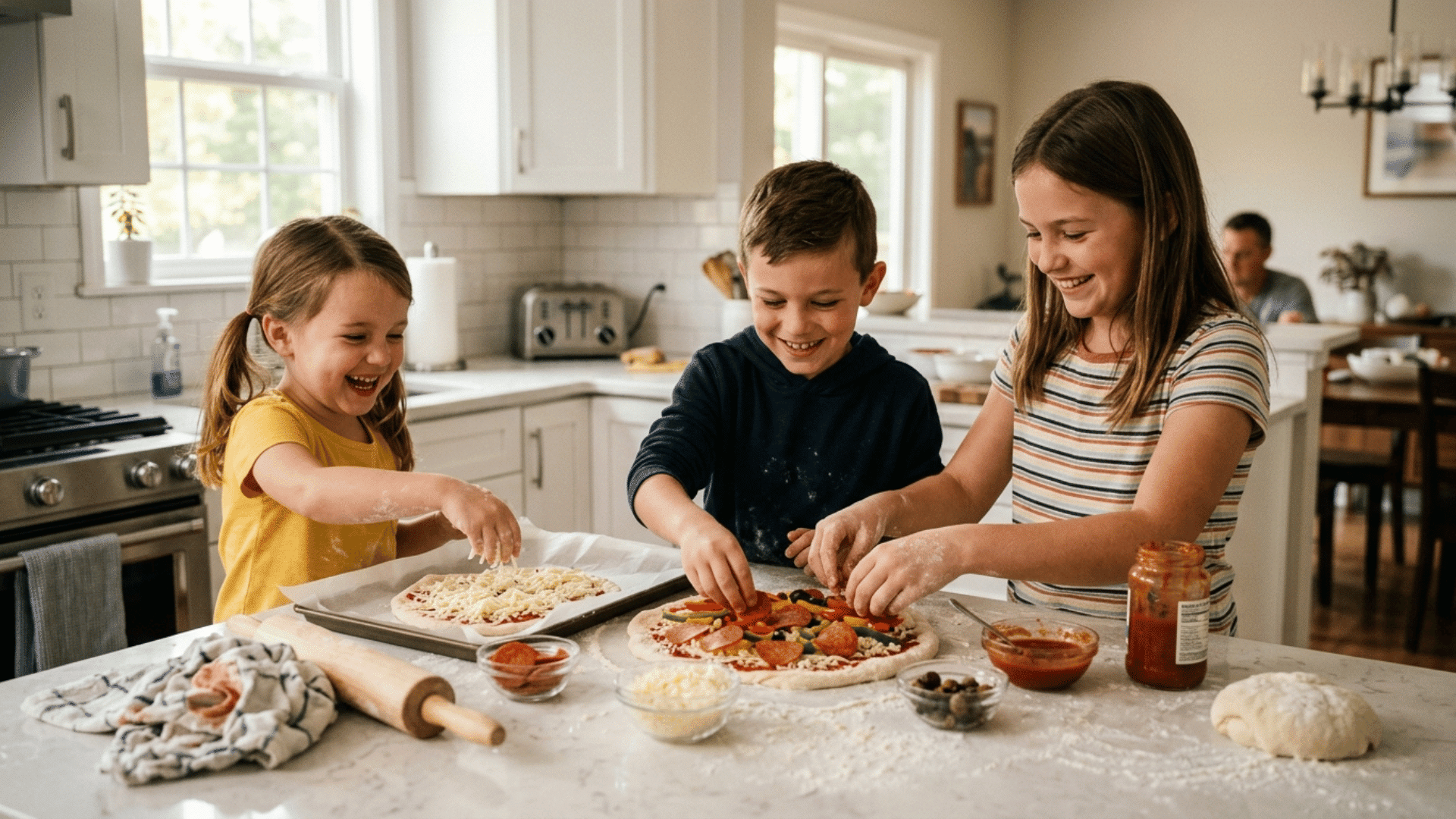 kids making homemade pizza together in a kitchen with cheese and toppings on the counter.