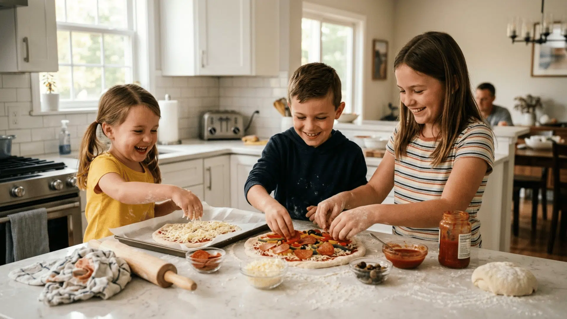 kids making homemade pizza together in a kitchen with cheese and toppings on the counter.