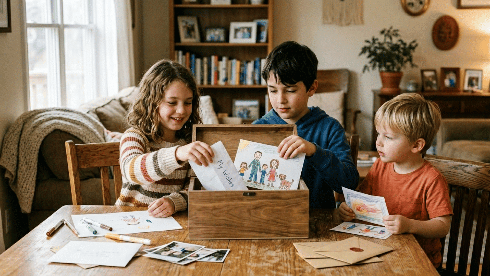 family placing drawings and notes into a time capsule box together.