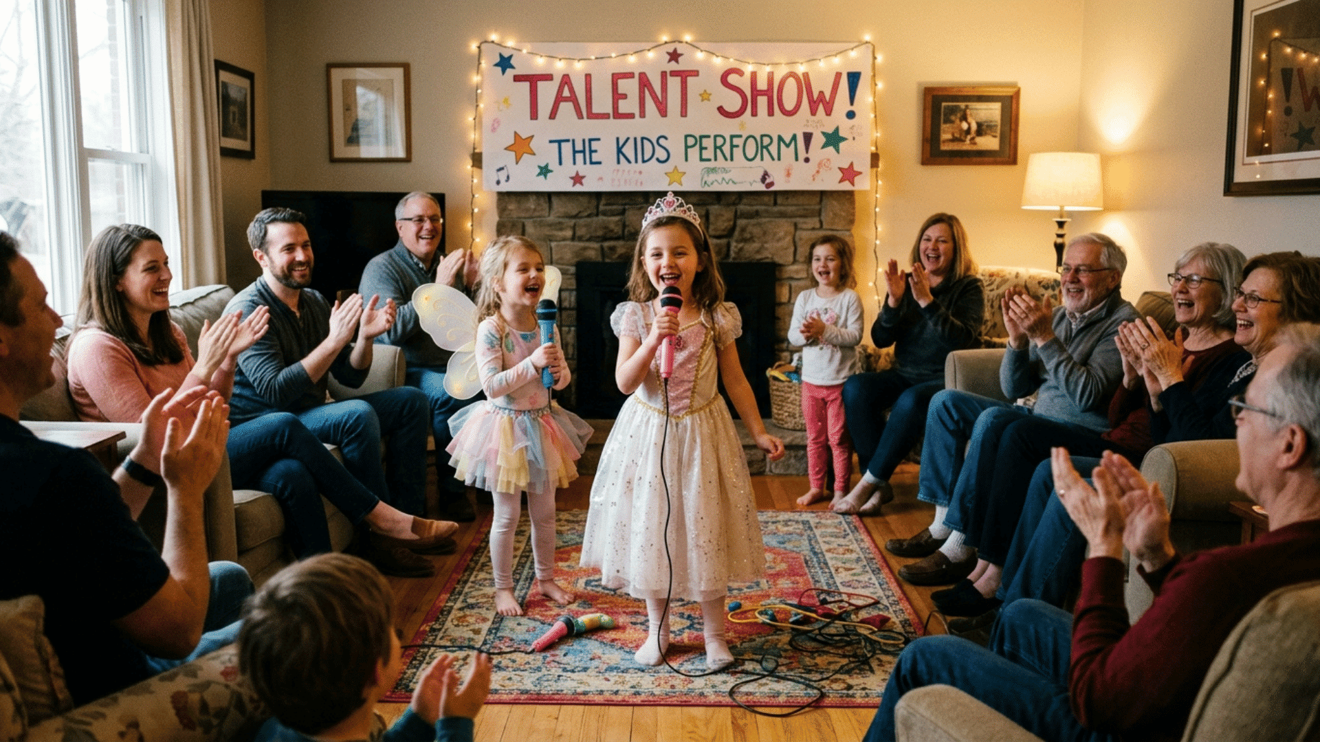 kids performing songs and dances during a homemade indoor talent show.