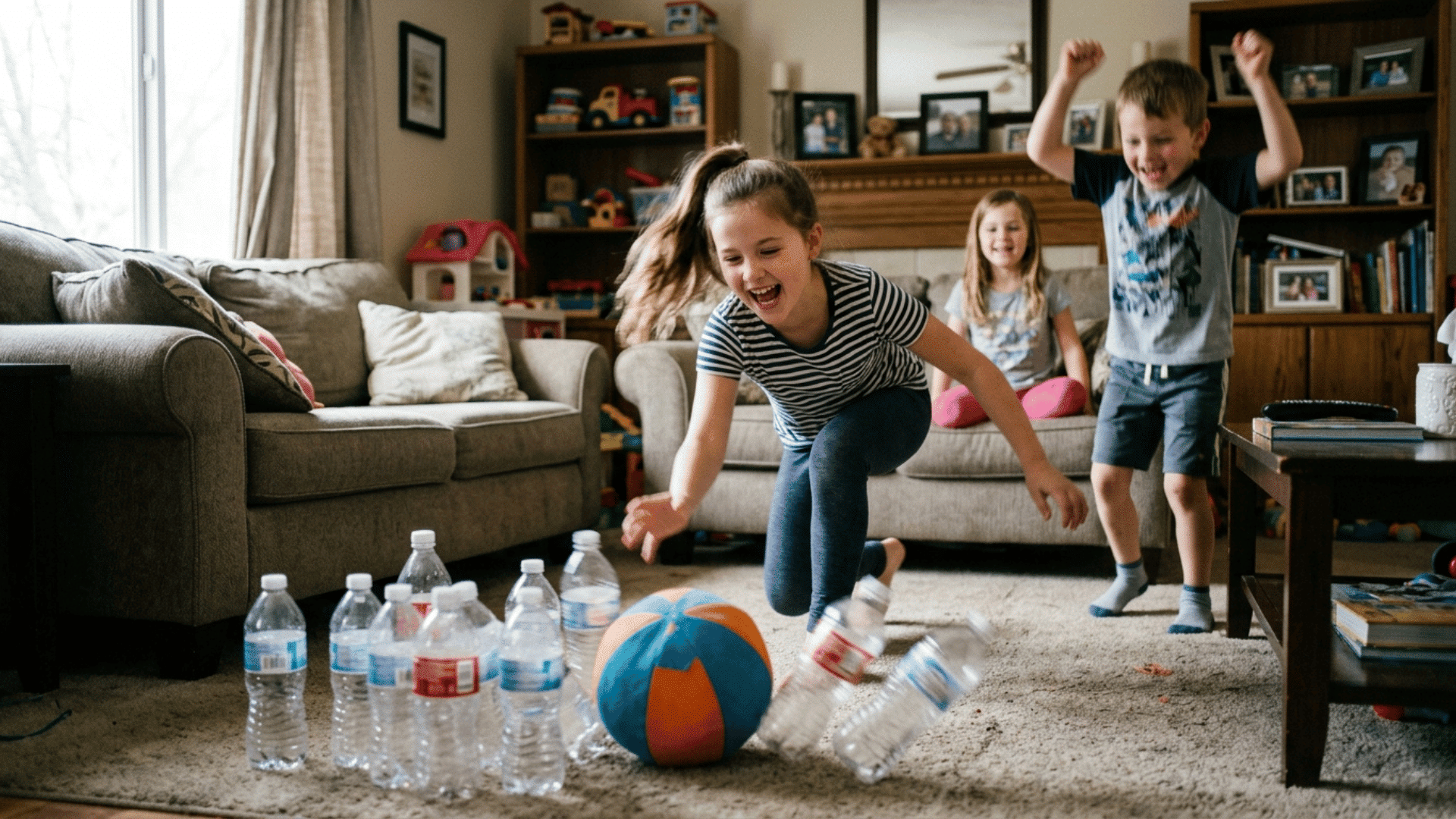 kids playing indoor bowling using bottles and a soft ball.