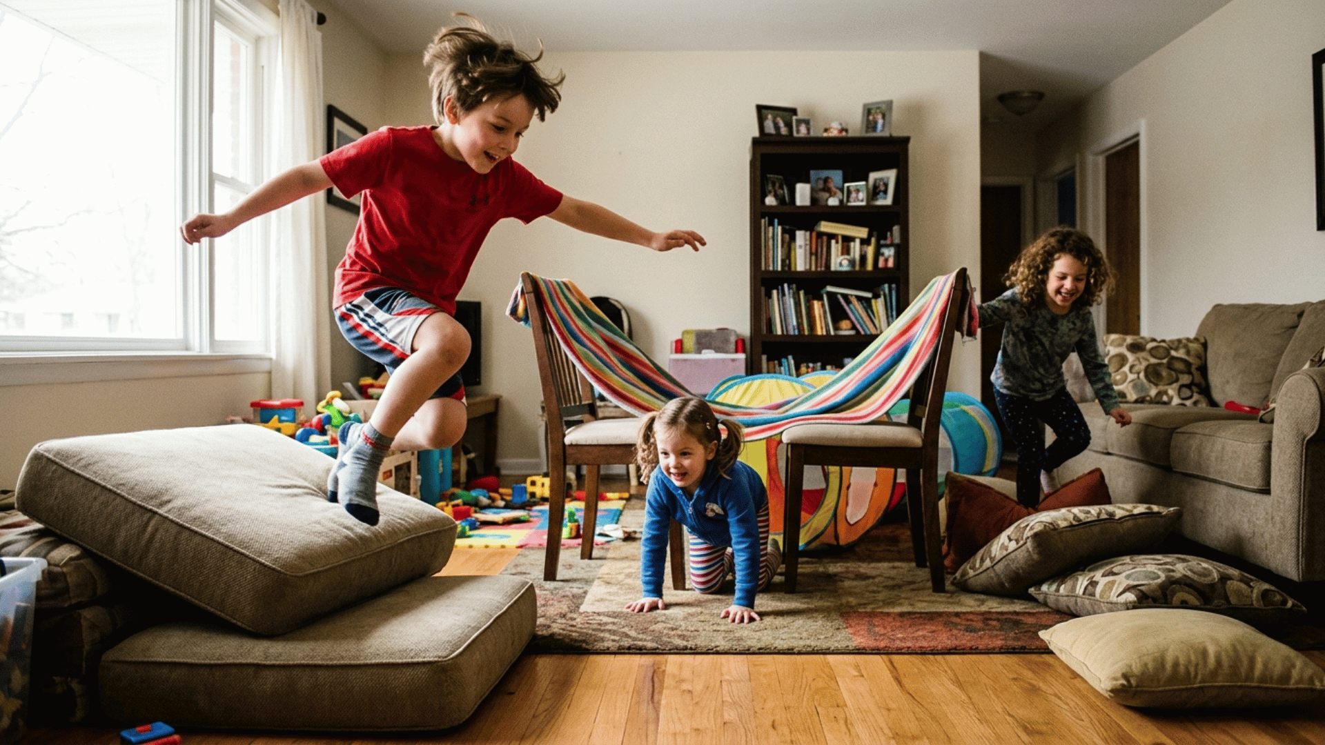 children crawling and jumping through a homemade indoor obstacle course