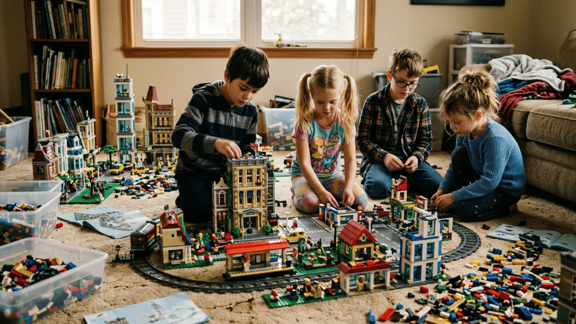 kids building a detailed LEGO city on the floor indoors